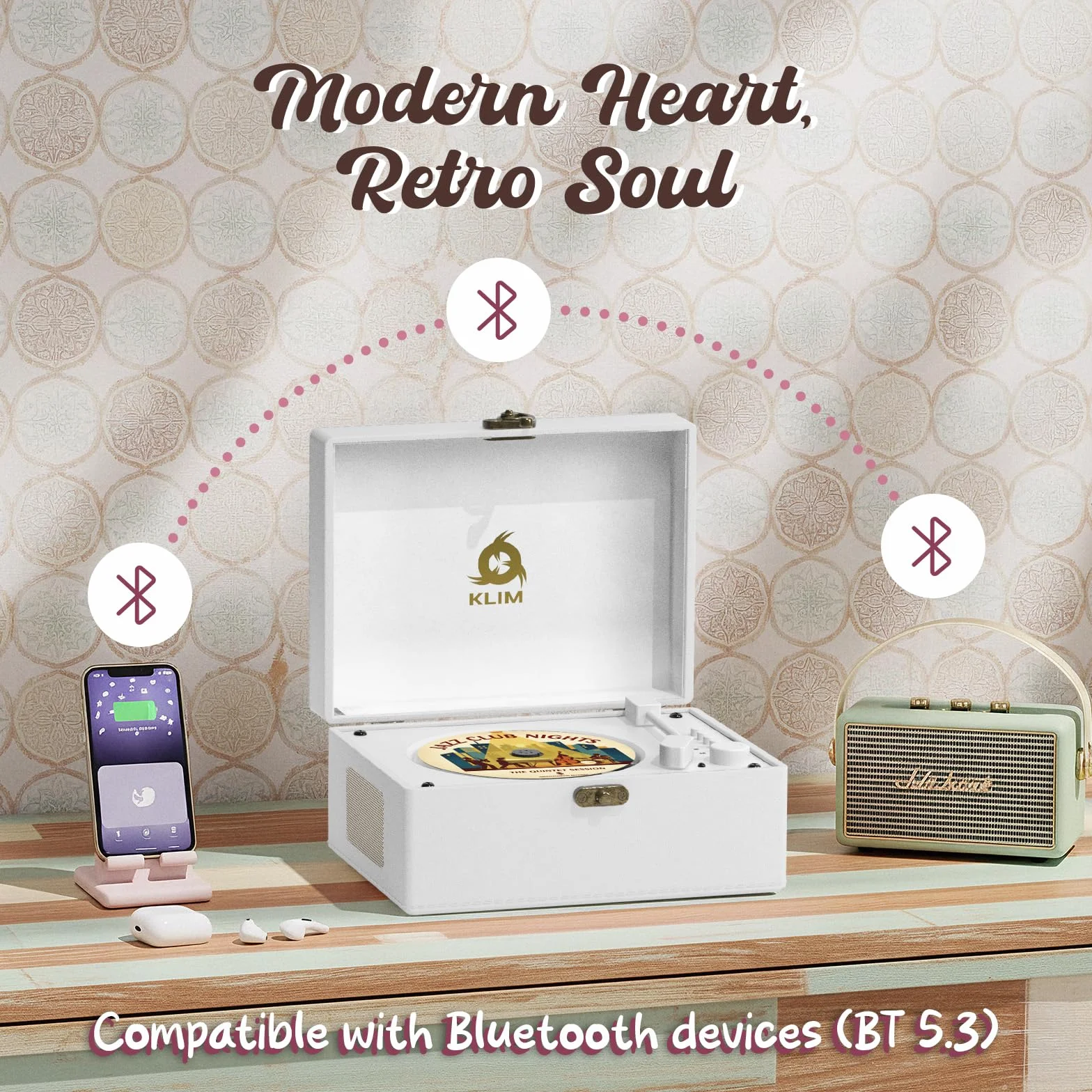 KLIM Retro CD Player Reproductor CD portátil Bluetooth AUX USB Batería Recargable Diseño Retro Mini Cadena Compacta Blanco