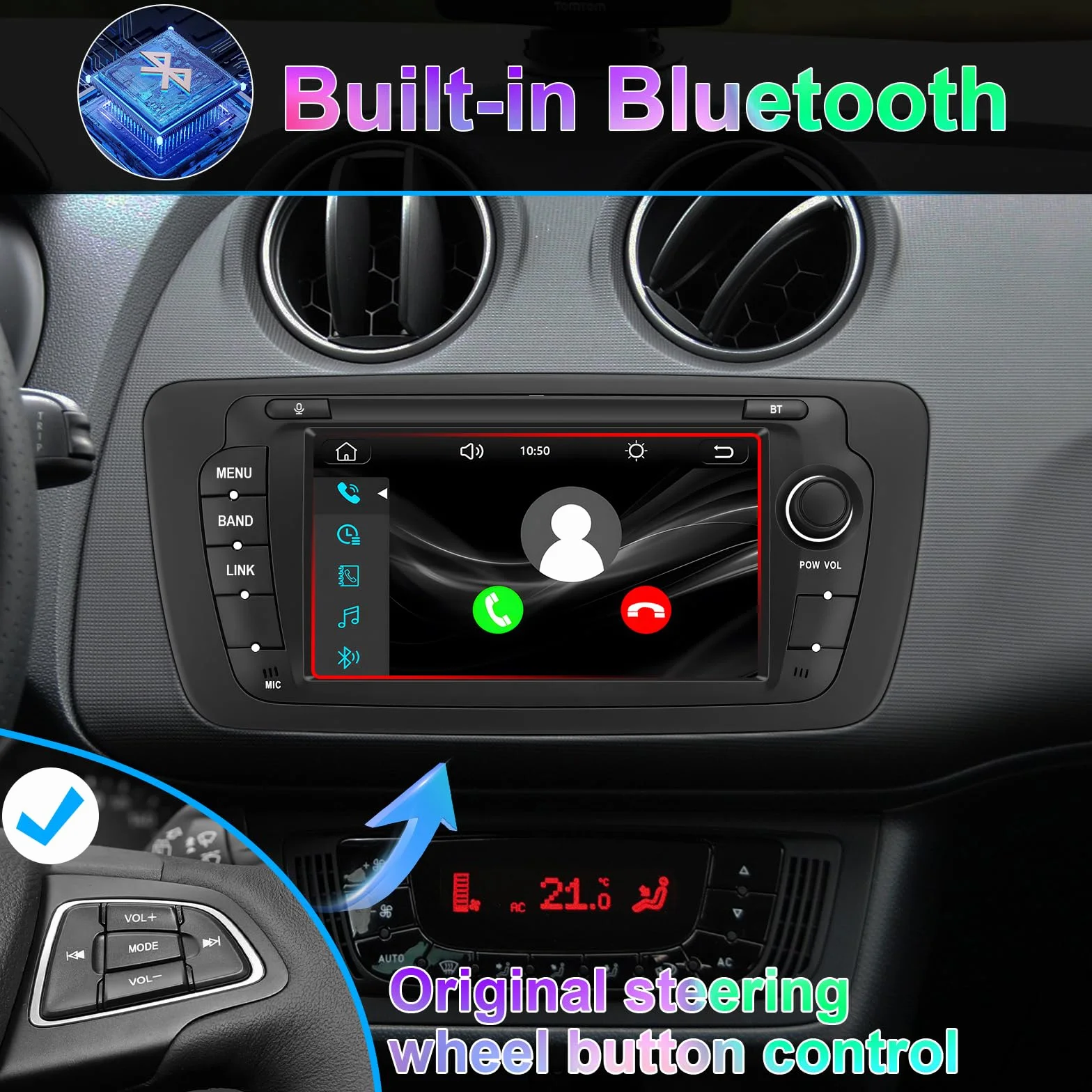 Autoradio Compatible con Seat Ibiza 6j (2009-2014) – CarPlay & Android Auto inalámbricos, Bluetooth Integrado, micrófono, Sintonizador Am/FM RDS, Puerto USB y función DSP/Subwoofer
