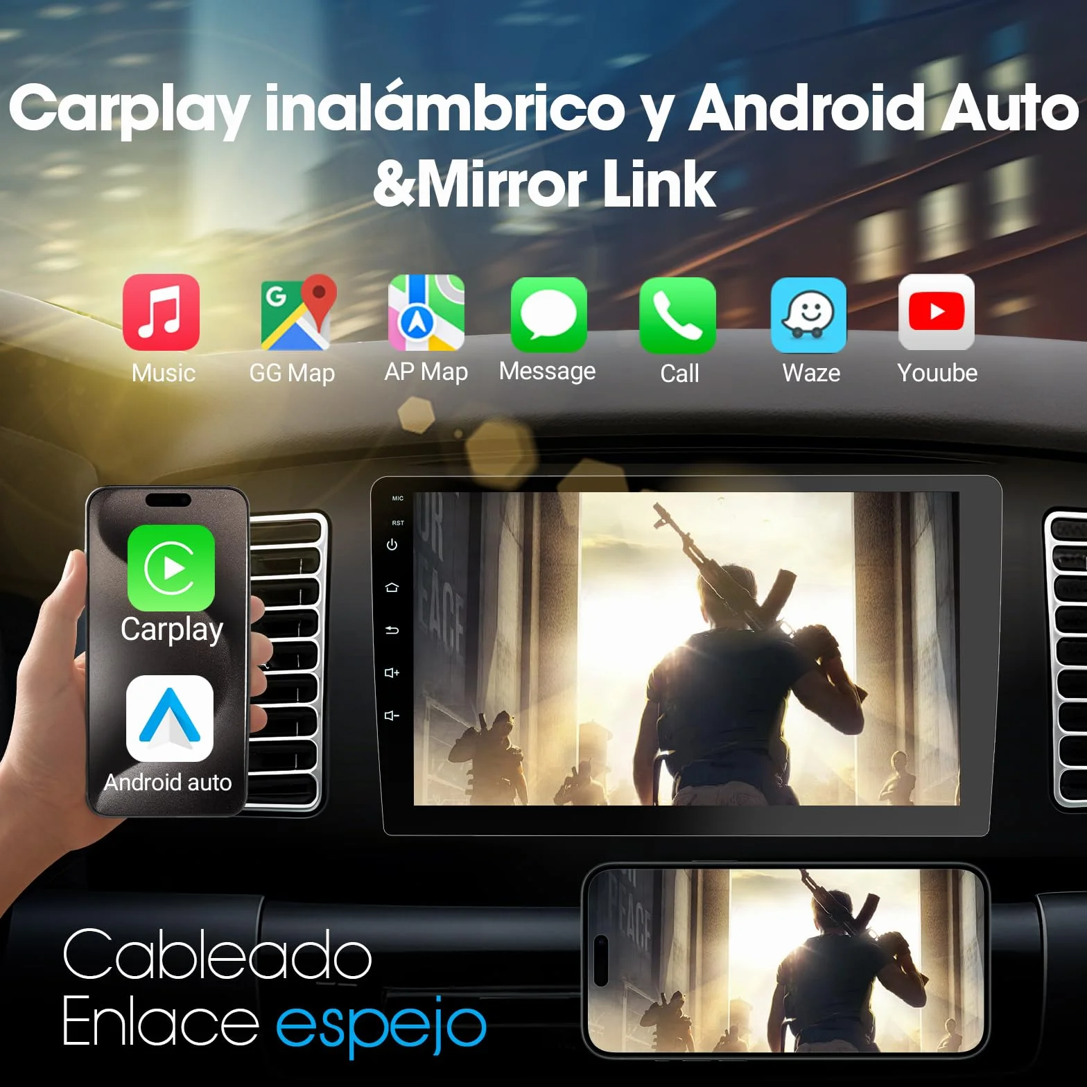 Haudio 2 DIN Coche Radio con Apple Carplay Inalámbrico & Android Auto, 9 Pulgadas IPS Pantalla con Trasera Cámara, GPS, Mirror Link, Radio SWC/Am/FM Adecuada Mayoría Coches 4+64GB(Actualizar CPU)