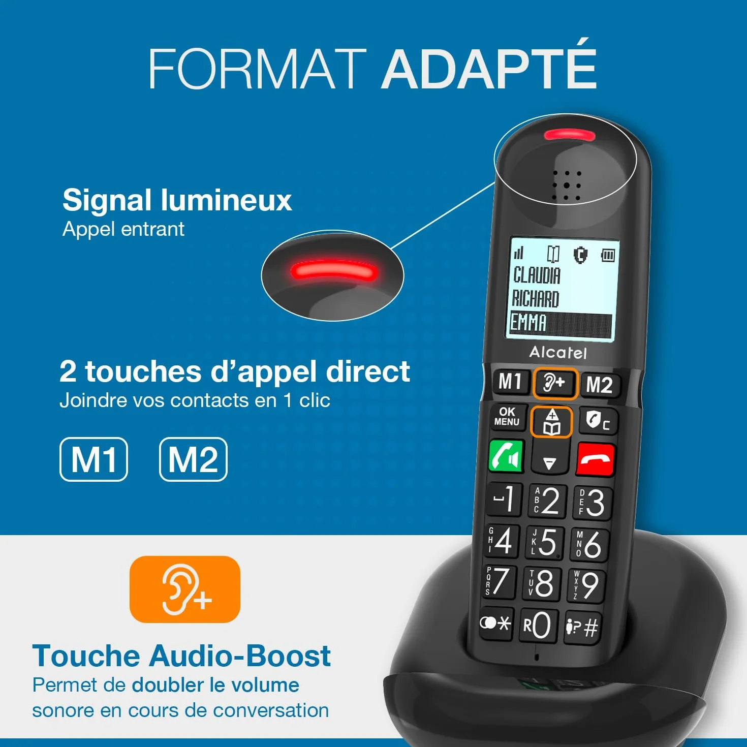 ALCATEL XL685 Duo Teléfono Fijo Inalámbrico DECT Senior Formato XL Pantalla Gráfica Alta Legibilidad Teclas Grandes Audio Boost Manos Libres Bloqueo Llamadas 2 Teléfonos Negro