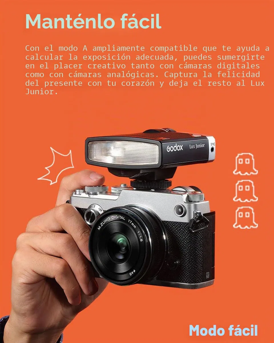 Godox Lux Junior Retro Flash de cámara Speedlite GN12 6000 K ± 200 K CCT,Modos automáticos y manuales de Potencia de Flash,28 mm de Distancia Focal para cámaras Canon Nikon Sony Fuji Olympus Hot Shoe