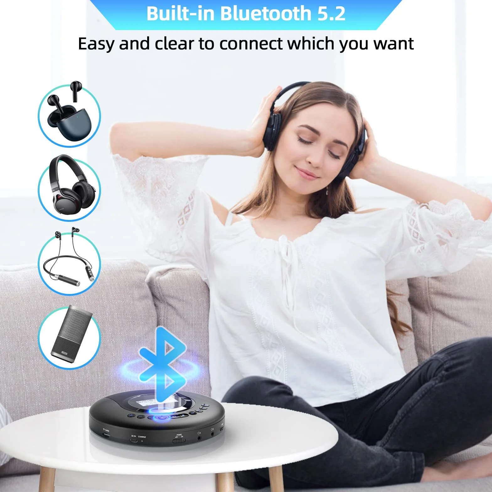 Arafuna Reproductor de CD portátil, Reproductor CD Bluetooth para Coche y niños, Discman CD portatil Recargable de 2000 mAh, protección a Prueba de Golpes, Radio FM, Tomas de Auriculares duales