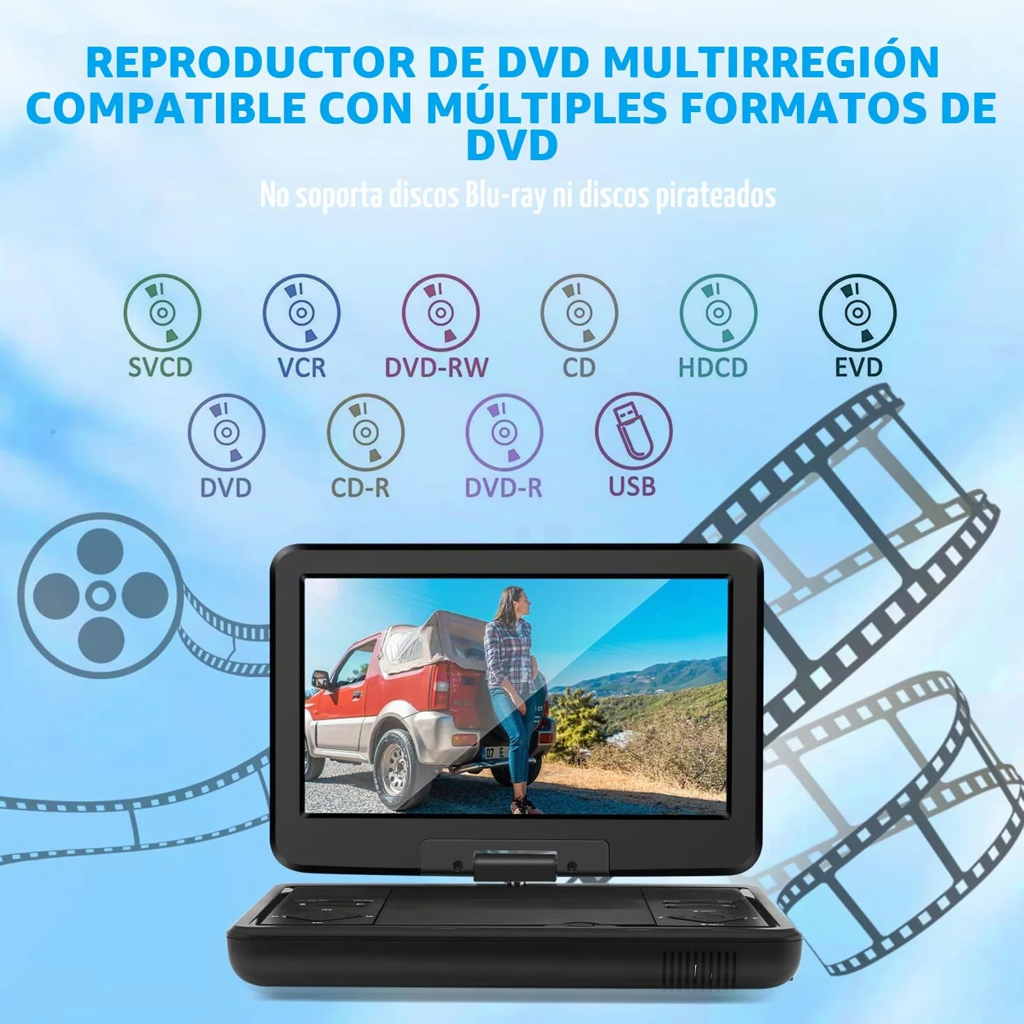 KCR Reproductor de DVD portátil 10.1" con TV DVB-T2 integrada, Pantalla LED giratoria, USB/HDMI/AV, batería recargable