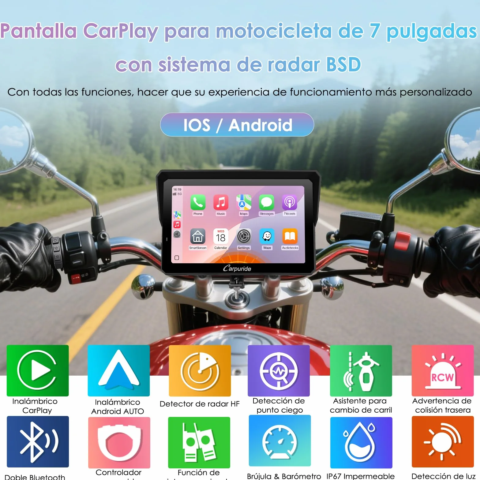CARPURIDE W702RS Pro Motocicleta Carplay Pantalla con Radar BSD y BM05 Soporte, Inalámbrico CarPlay y Android Auto, 7" Impermeable Táctilpantalla, Intercomunicador, Dual Bluetooth, Cable Controlador.