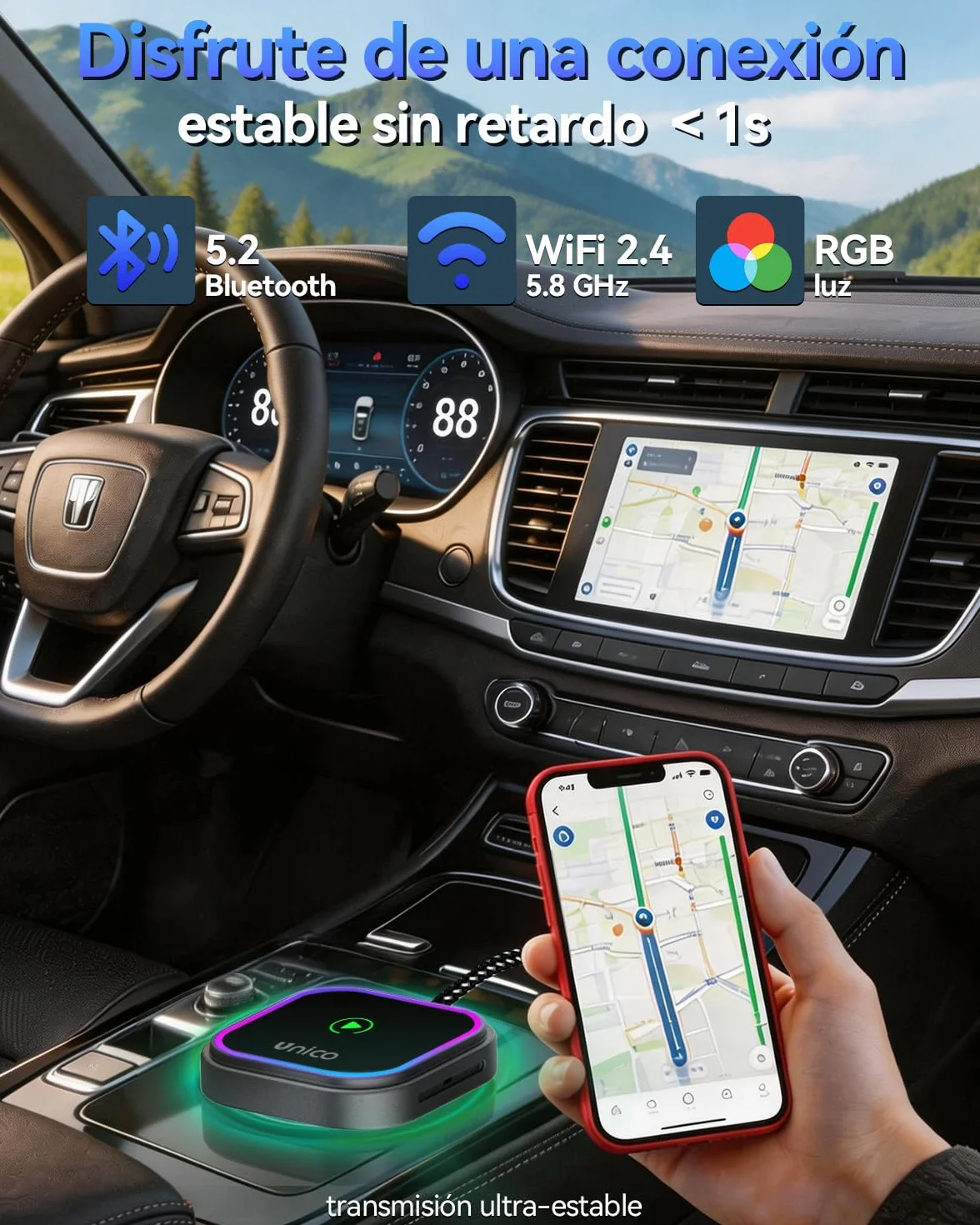 Unico Adaptador CarPlay Inalámbrico Convierte tu conexión por Cable en inalámbrica, diseño RGB 2026 para vehículos con Sistema Original, conexión rápida y Estable, Compatible con iPhone iOS 10+