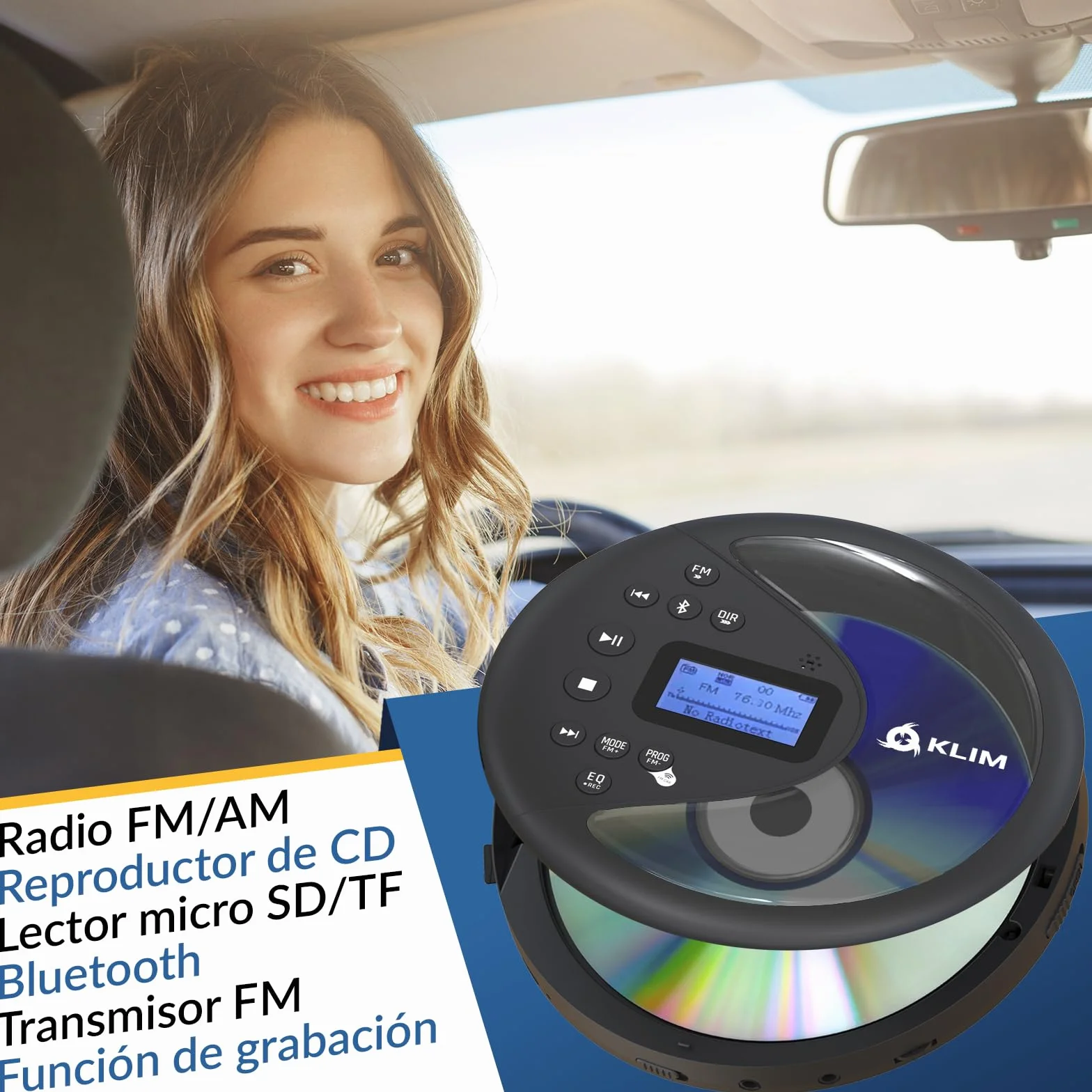 Klim Discover Reproductor de CD Portátil con Radio FM, Bluetooth, MP3 y Auriculares