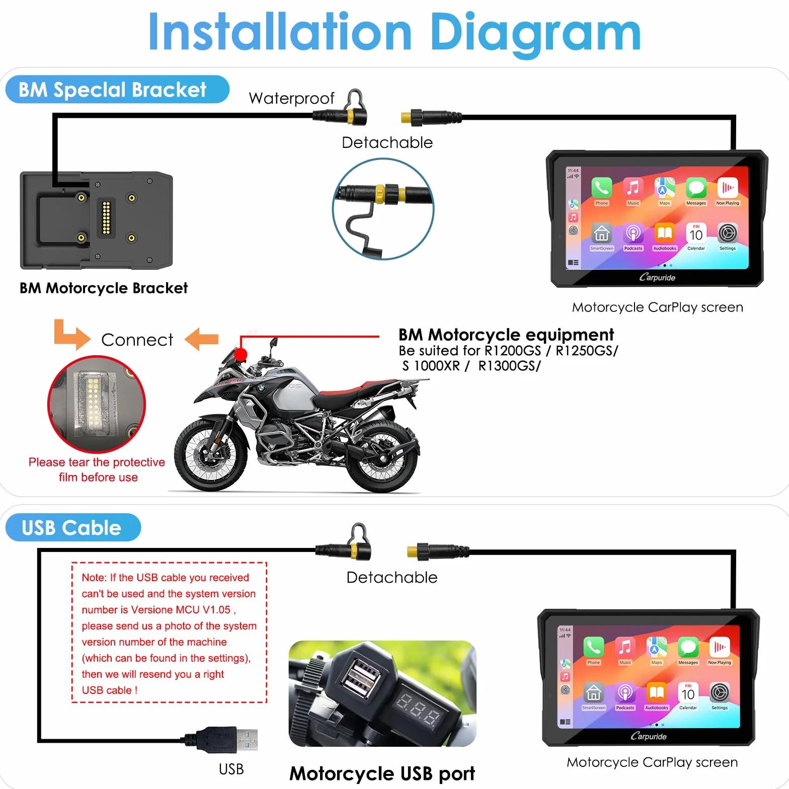 Carpuride W702B Pantalla GPS Carplay para Motocicleta 7 Pulgadas Impermeable Bluetooth