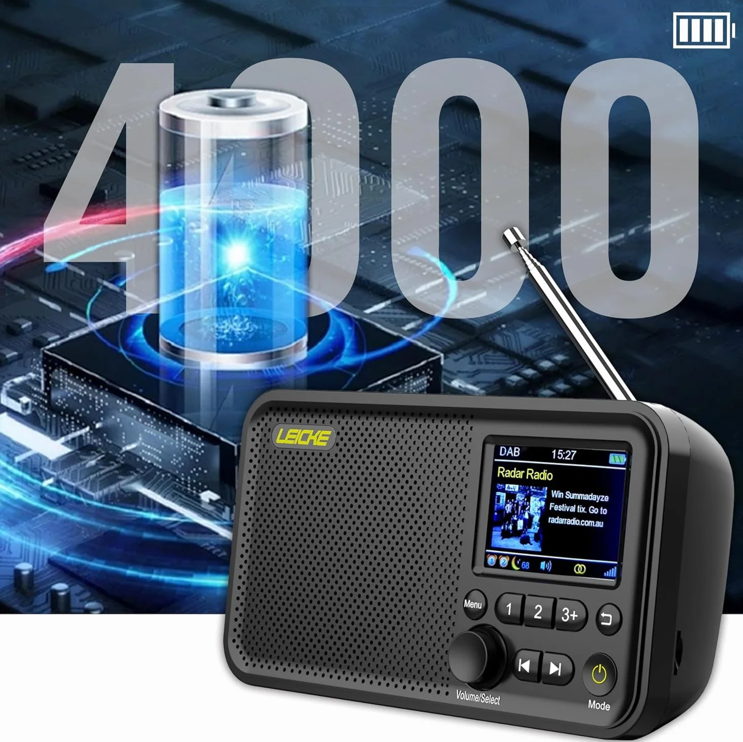 LEICKE Radio portátil Dab+ Bluetooth 5.0 FM Pantalla 2,4 Pulgadas Cocina Cable batería 4000 mAh MicroSD Alarma