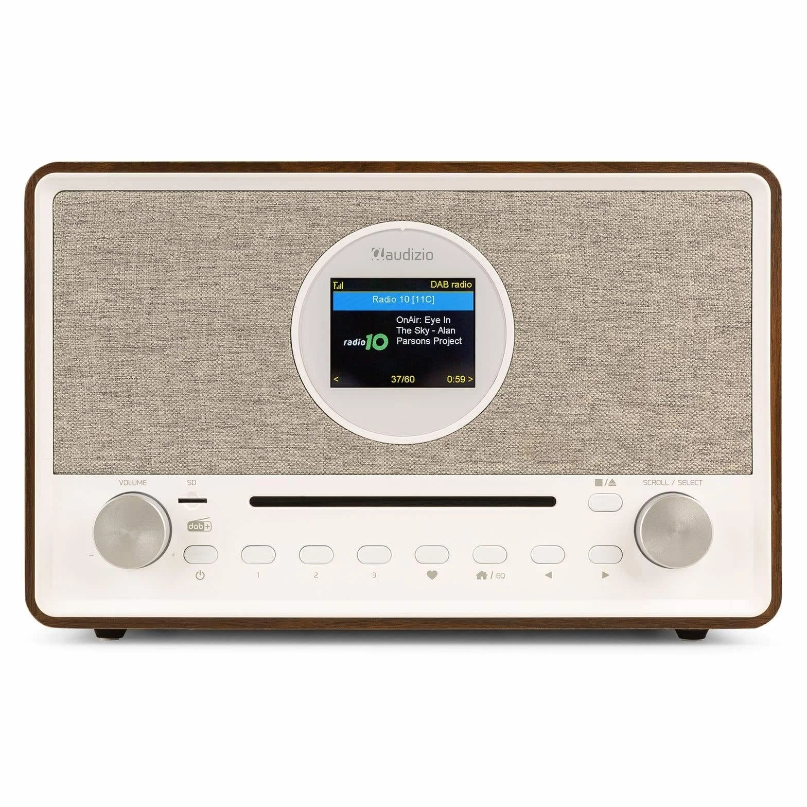 Audizio Lucca Radio Internet con Dab+ y Reproductor CD Acabado en Madera, Bluetooth 5.0, conexión WiFi, conexión USB y Entrada MicroSd, Display de 2,8", función Sleep, Doble Alarma, Mando a Distancia