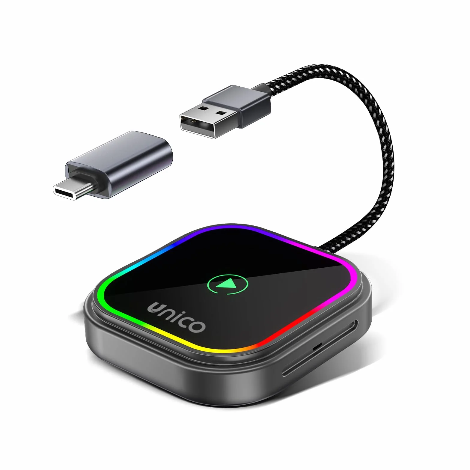Unico Adaptador CarPlay Inalámbrico Convierte tu conexión por Cable en inalámbrica, diseño RGB 2026 para vehículos con Sistema Original, conexión rápida y Estable, Compatible con iPhone iOS 10+