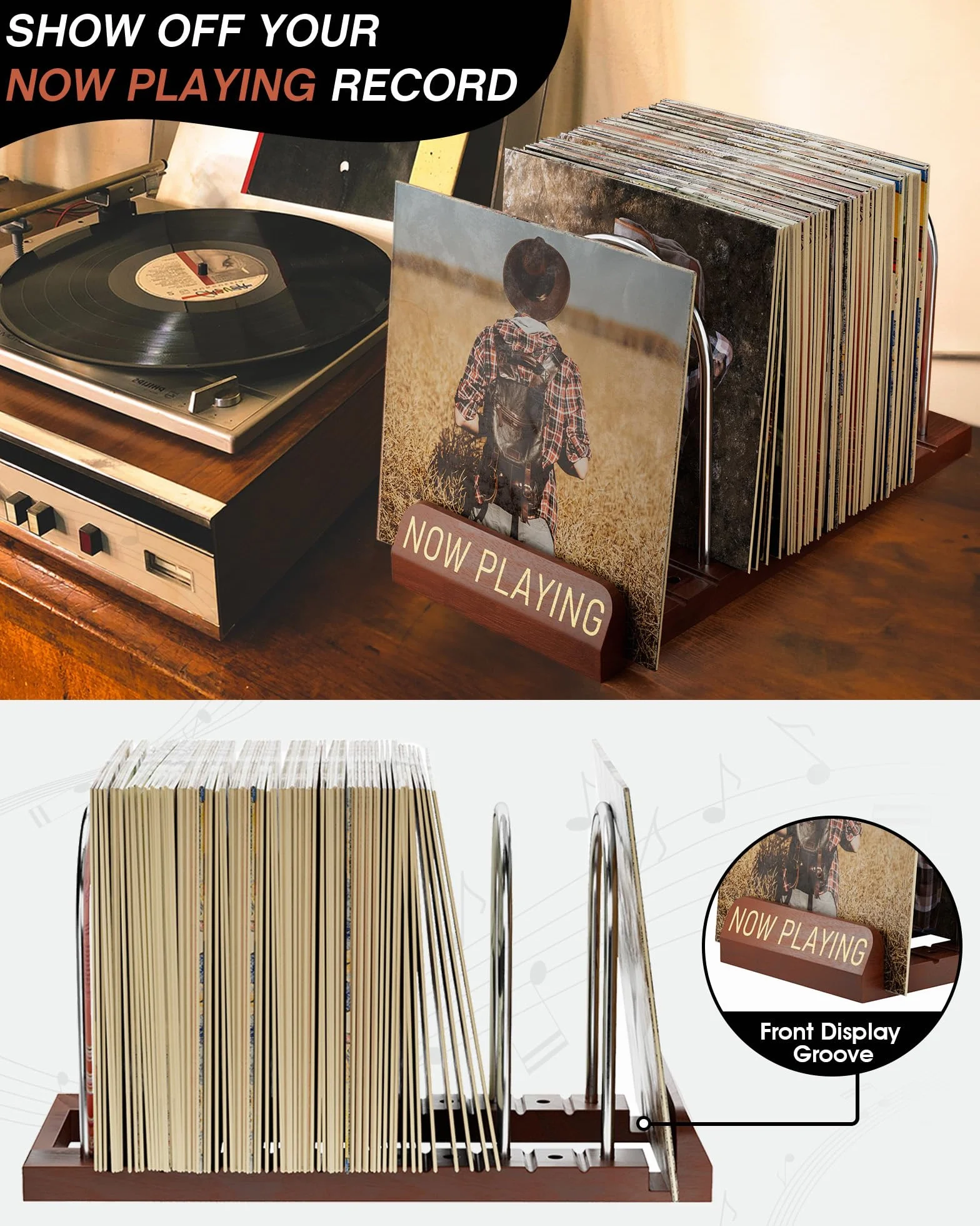 BS-VOG Now Playing - Soporte Para Discos De Vinilo, Almacenamiento De Discos De Vinilo De 50 LP Con Ranuras Antideslizantes, Soporte Giratorio Para Discos De Vinilo Para Álbumes, Revistas, Organizador