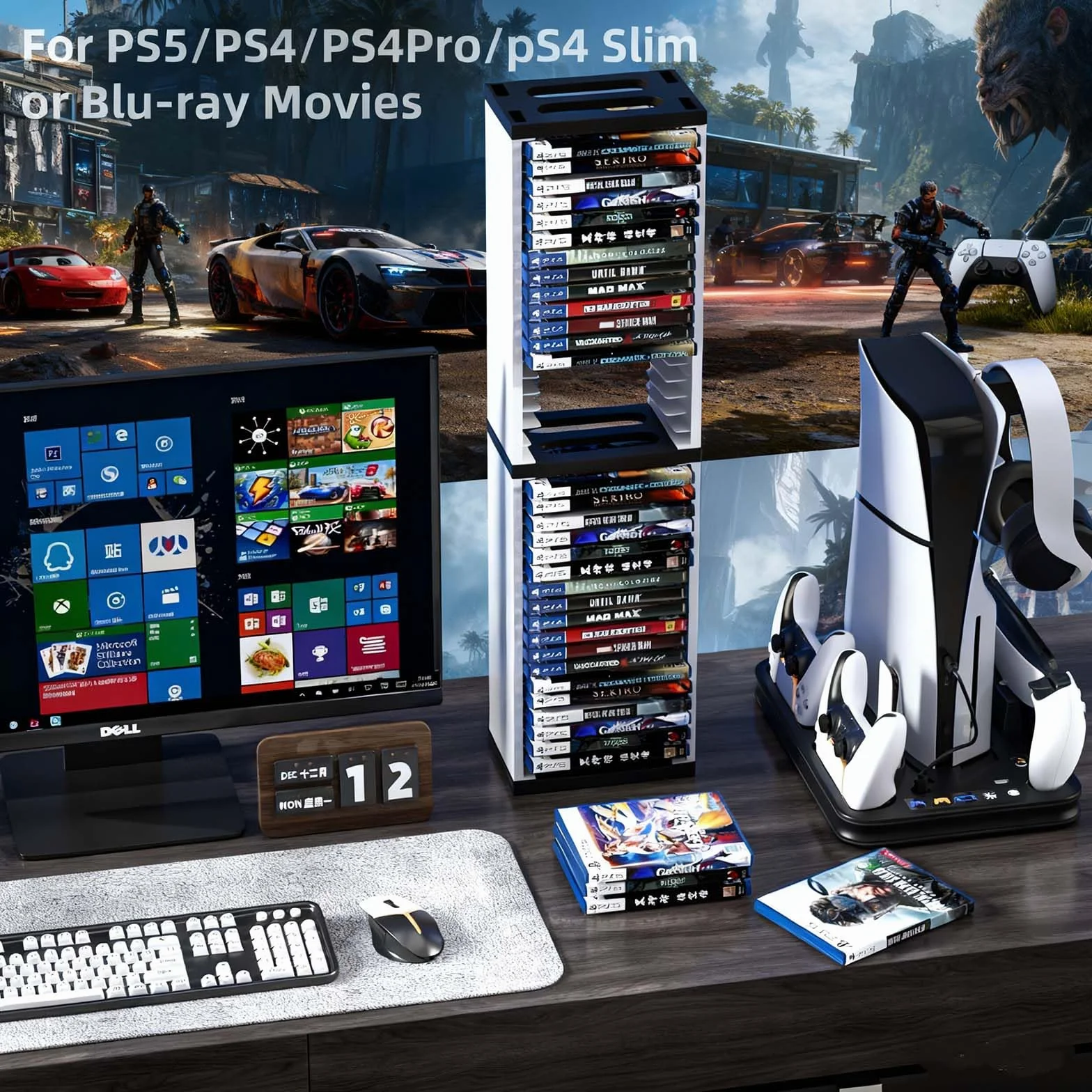SOONHUA Estante de disco para videojuegos,cajas de almacenamiento de DVD, soporte de torre de almacenamiento de juegos de 36 discos de CD estuche organizador soporte para Playstation 5