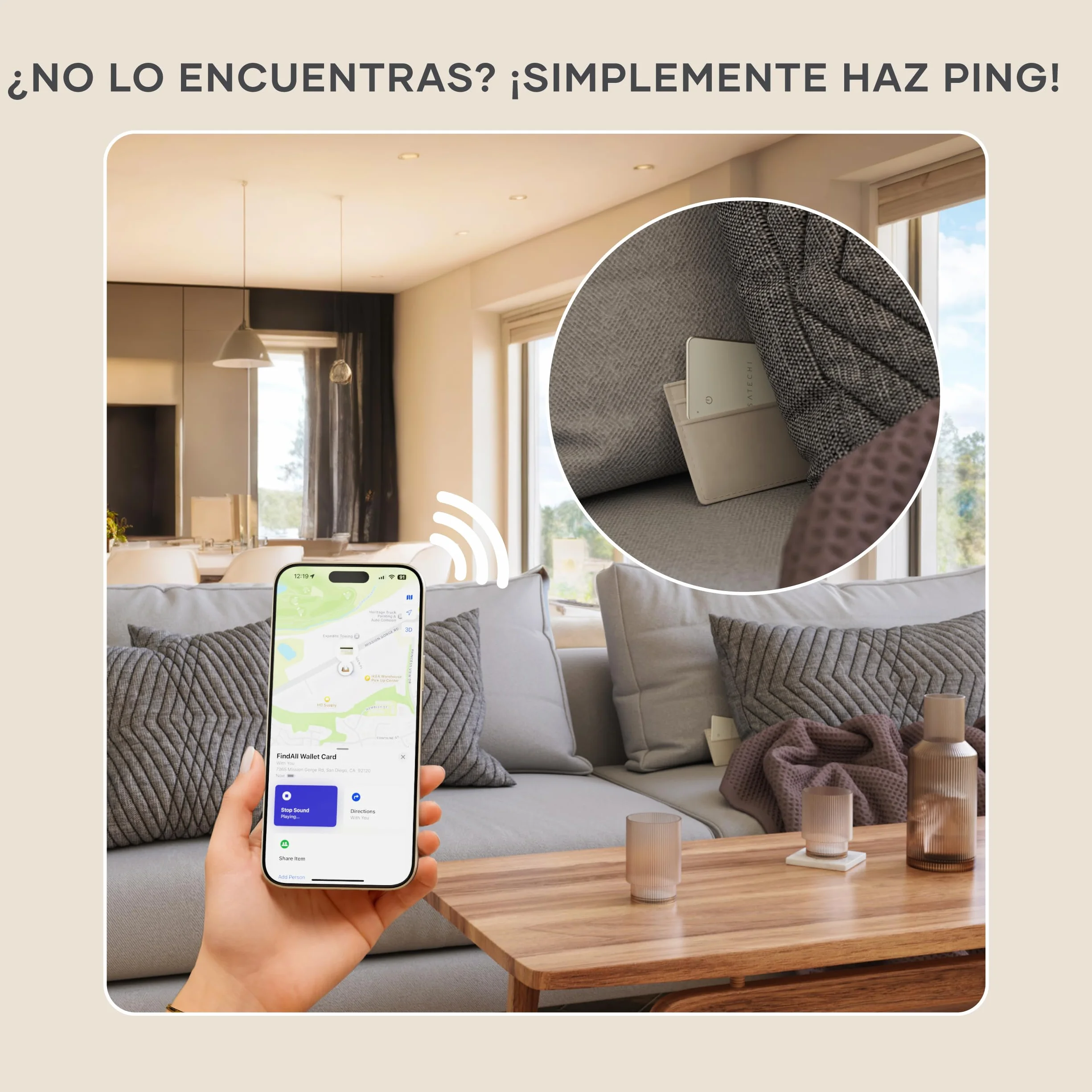 SATECHI FindAll Air Tag Card GPS para Carteras con Apple Find My, Alerta de Olvido, Sonido Potente, Carga Inalámbrica, Tarjeta GPS Ligera, Localizador Cartera para iPhone, iPad, Mac – Beige