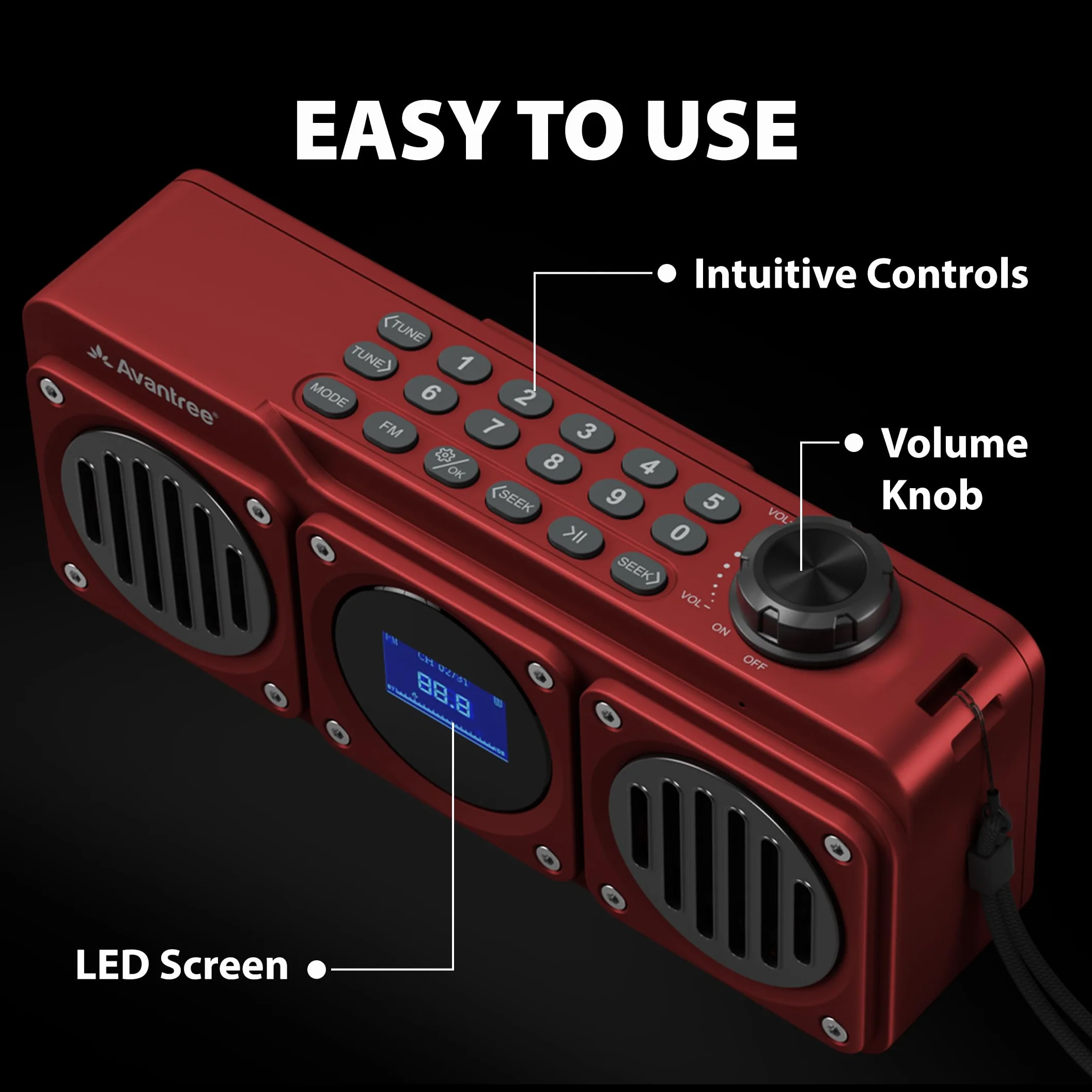 Avantree Boombyte - Radio FM Portátil Pequeña 4 en 1 y Altavoz Bluetooth con Altavoz Duales (14W), Volumen Potente, Sonido Estéreo, Lector Micro SD y Puerto USB, Reproductor de MP3 Recargable - Rojo
