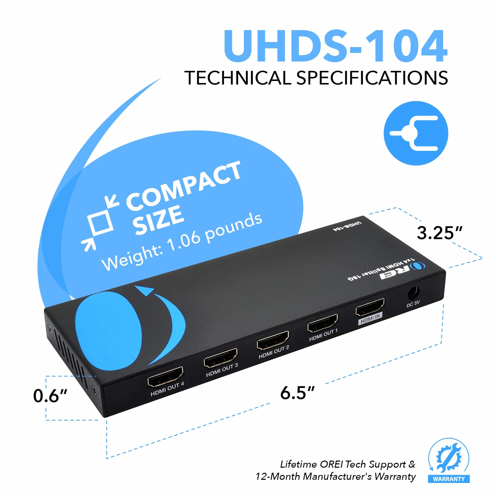 OREI UltraHD 4K @ 60 Hz 1 x 4 HDMI Splitter 1 en 4 Salidas 4 Puertos 4: 8 bits - HDMI 2.0, HDCP 2.0, 18 Gbps, EDID, duplicado/Espejo 4K Pantallas - UHDS-104