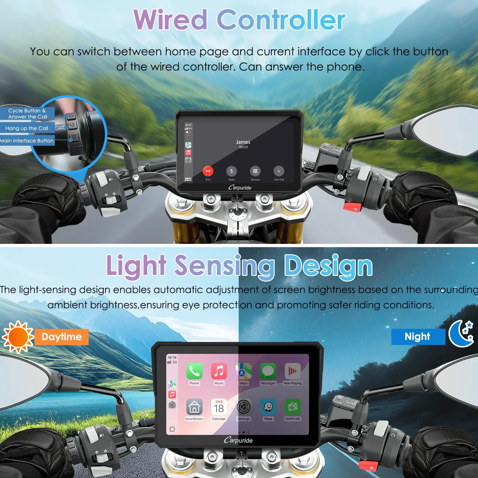 CARPURIDE W702S Motocicleta CarPlay Pantalla con BM05 Soporte para Conectar y Usar, Inalámbrico CarPlay y Android Auto, 7" Impermeable Táctilpantalla, Bluetooth Trans, Control con Cable, Navegación.