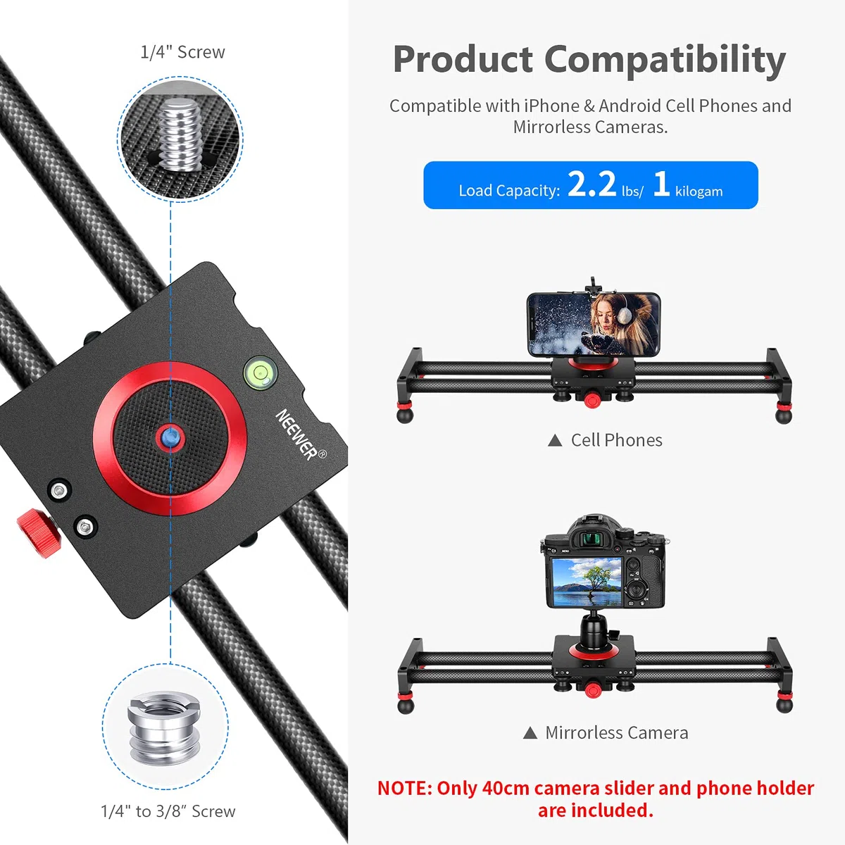 Neewer Mini riel Deslizante Dolly estabilizador de Fibra de Carbono para cámaras/Smartphones, 40 cm Compacto con 4 Almohadillas Carga hasta 1 kg