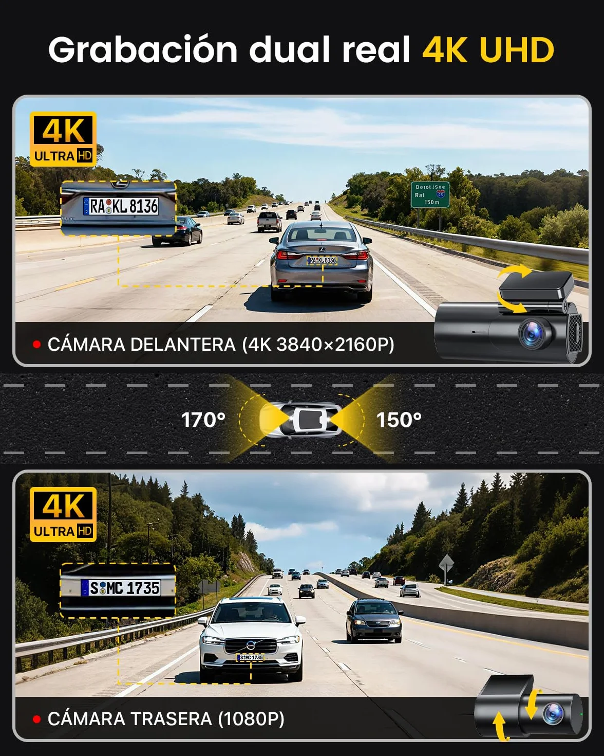 GKU Dashcam Cámara Coche 4K+1080P, 5GHz WiFi Dash CAM Coche con Tarjeta SD de 64GB,Camara Coche Grabadora,170° Gran Angular,Visión Nocturn,WDR,Sensor G,Monitor de Aparcamiento
