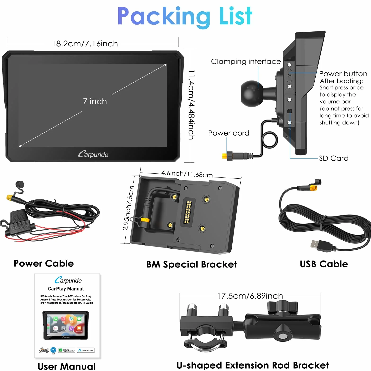 Carpuride W702B Pantalla GPS Carplay para Motocicleta 7 Pulgadas Impermeable Bluetooth