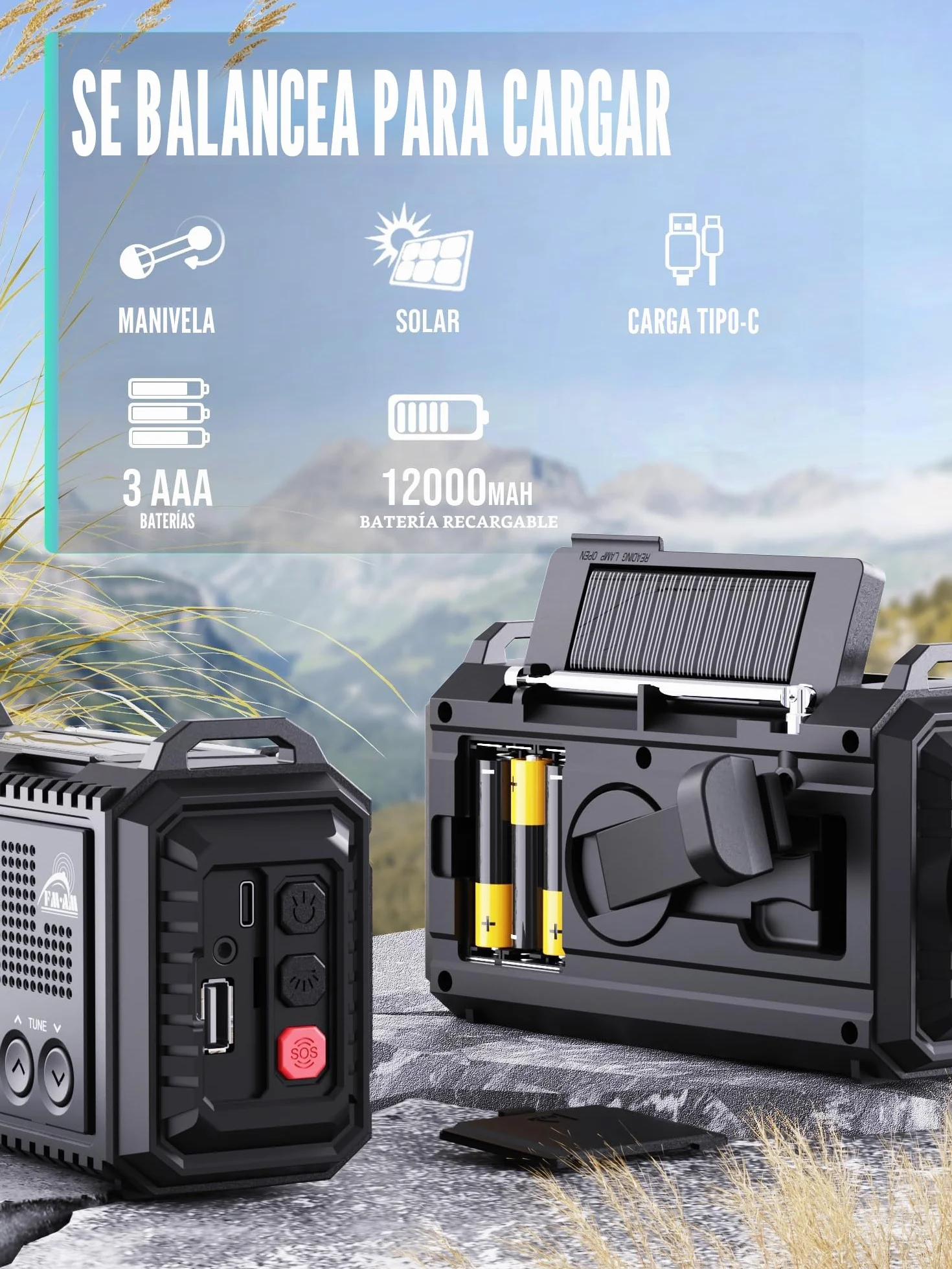 Radio de Emergencia Solar de Mano con Am/FM, Radio portátil alimentada por baterías de 12000mAh, Radio de transistores de Cuerda con Cargador de teléfono, Alarma SOS, Linterna de Supervivencia