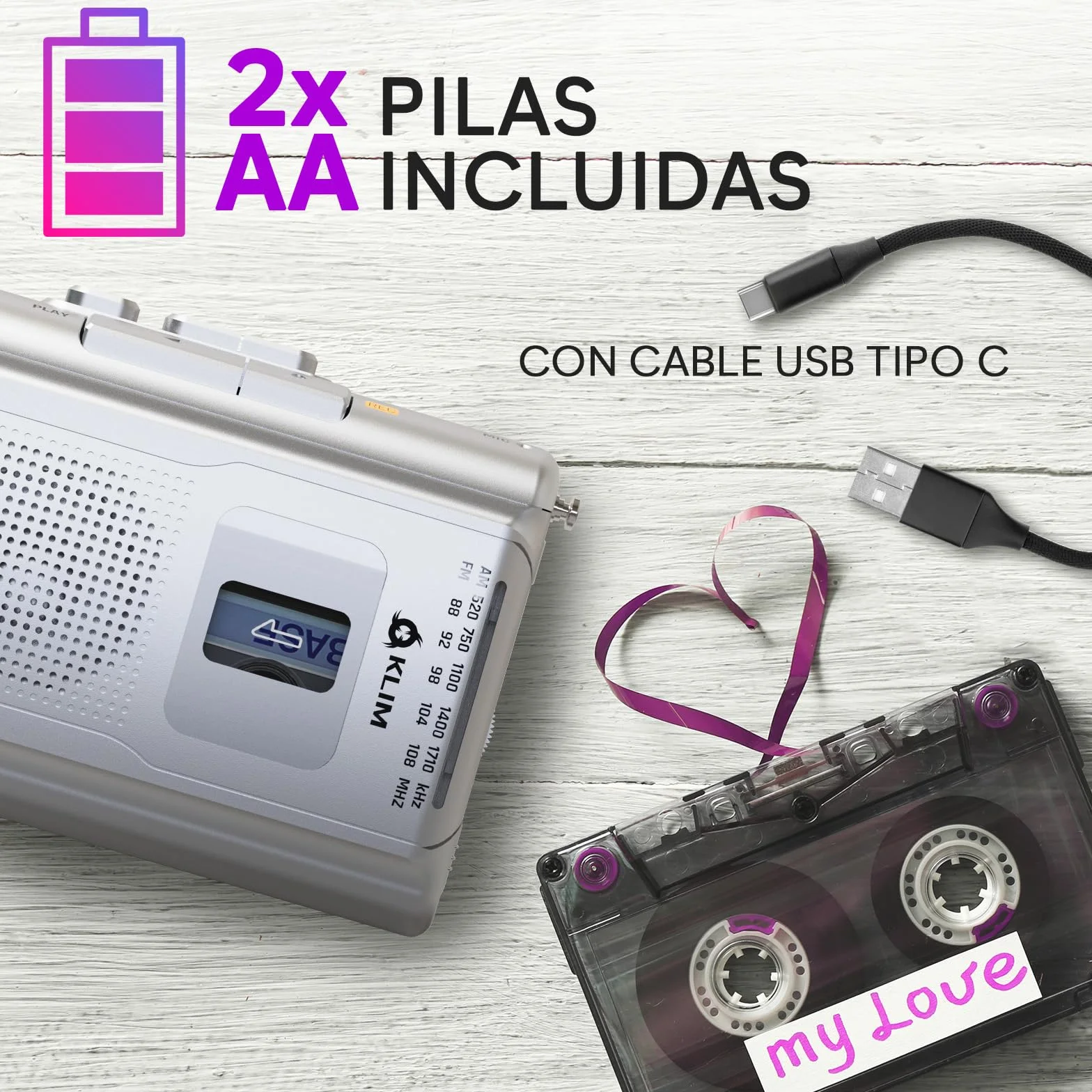 KLIM K8 Reproductor Cassette - Radio AM/FM - Micrófono y Altavoz Integrados - Plata