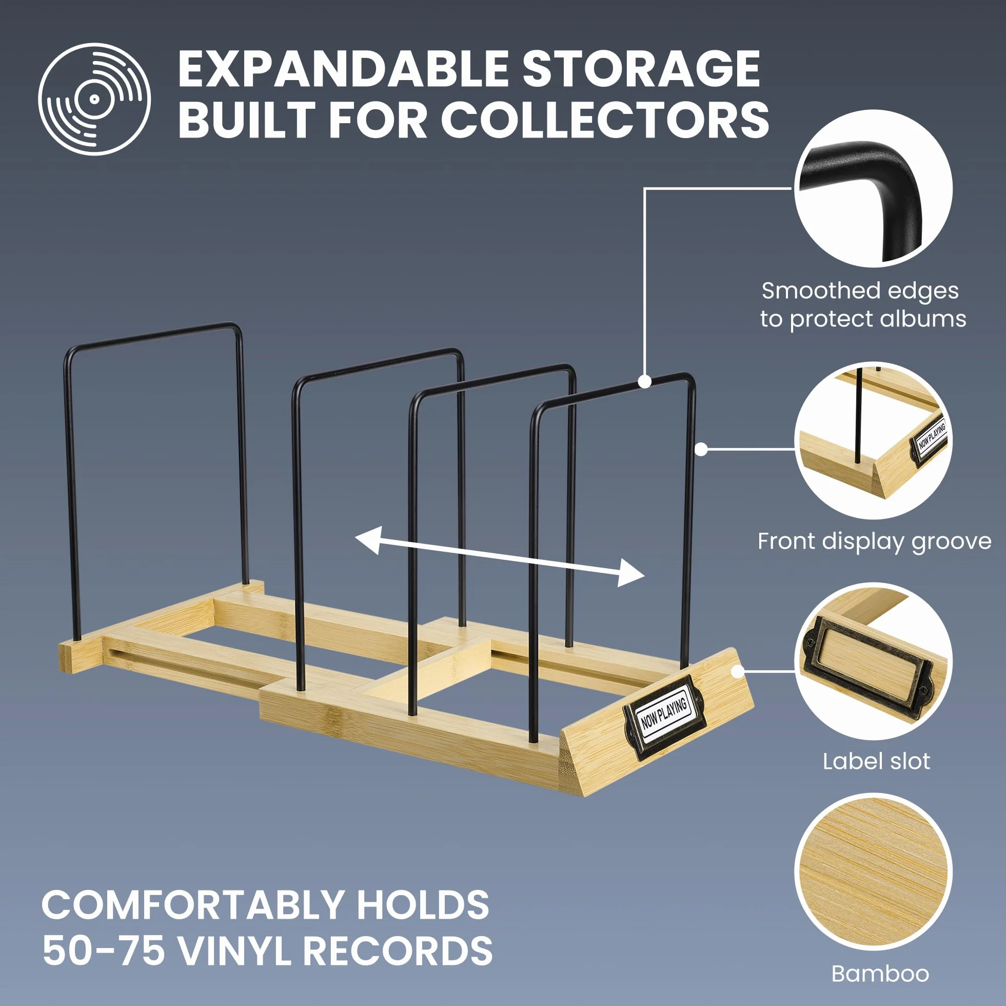 Big Fudge Soporte Vinilos - Mueble Vinilos Discos Elegante de Bambú - Expositor Discos Vinilo Expandible de 50 a 75 LP