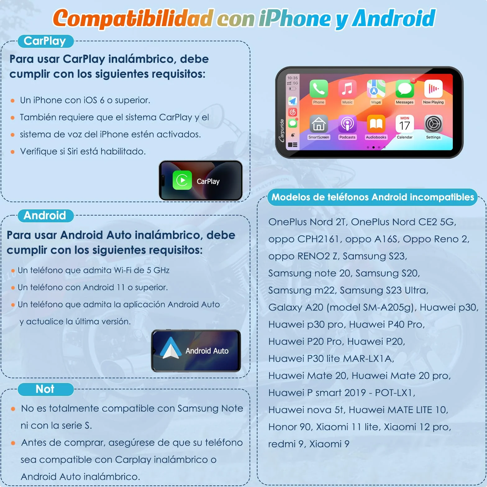 Carpuride W603 Pantalla Carplay Motocicleta 6,3" Inalámbrico Android Auto Impermeable GPS