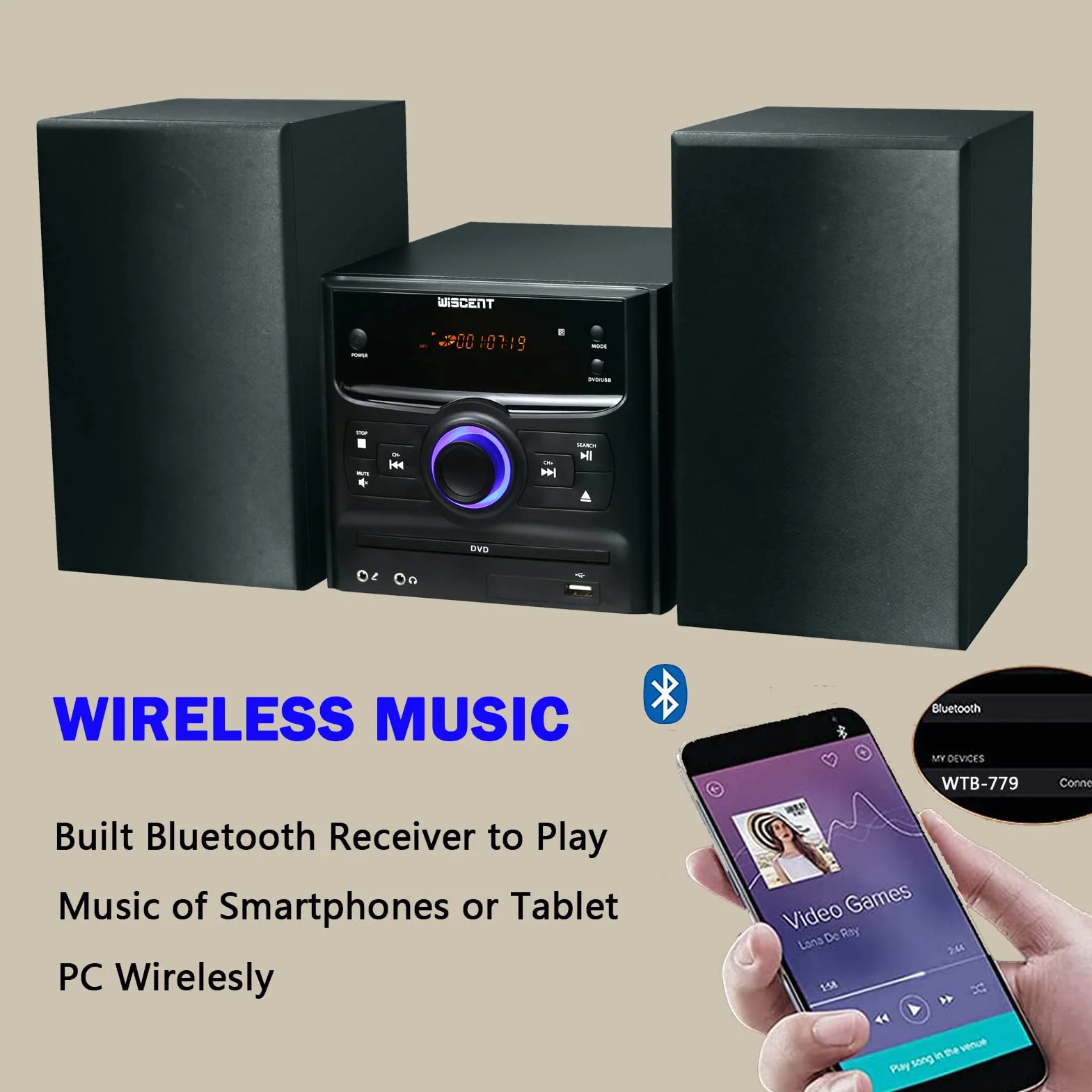 WISCENT Minicadena de Música con CD Bluetooth 30W Estéreo para el Hogar