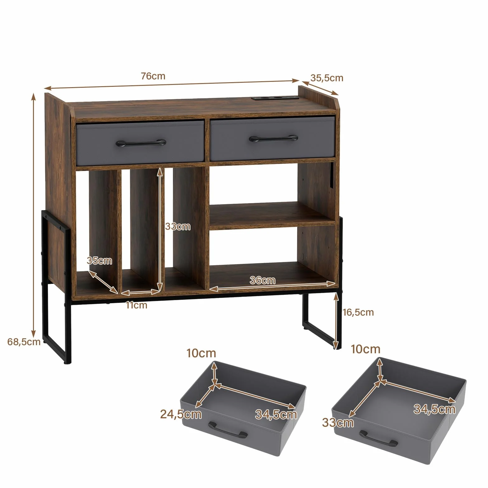 KOMFOTTEU Mueble para Tocadiscos con Estación de Carga, Soporte para Tocadiscos con 2 Cajones y Estantes Abiertos para Vinilos, Mesa Auxiliar para Álbumes, CD, para Oficina, Salón, 76 x 36 x 69 cm