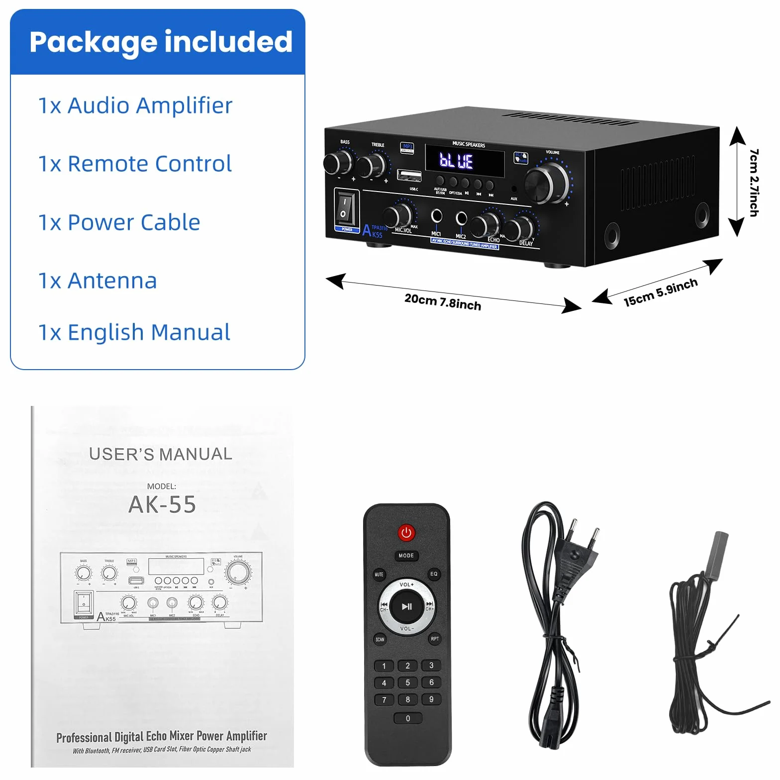 2 Canales Amplificador, 1000W Audio Estéreo, Bluetooth 5.3 Mini Hi-Fi Amp, para Dos 50W x2 Altavoces de Unas 8 Pulgadas, Bass/Treble/AUX/FM/MIC/USB, para TV, para el hogar o tu Coche (AK55)