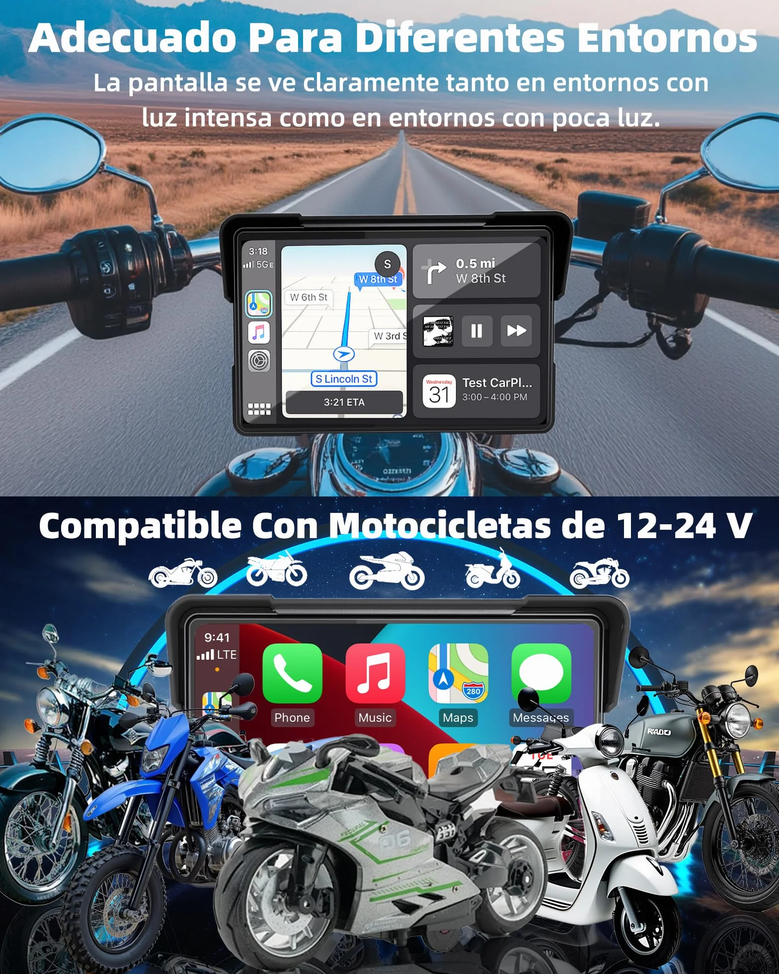 Jansite 7 Pulgadas Carplay Motorcycle GPS Android Auto Navigation con Bluetooth Impermeable IP67