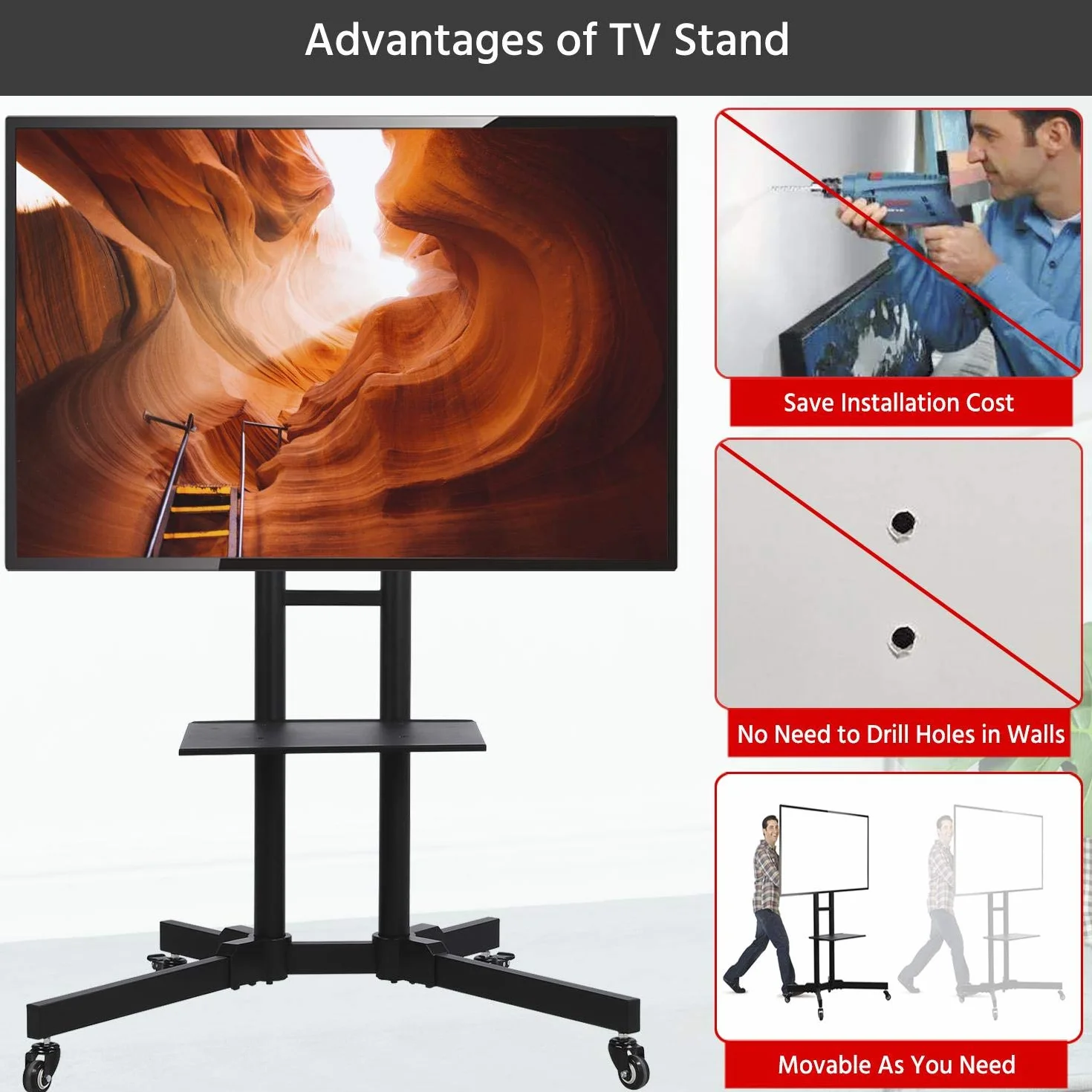 Yaheetech Soporte TV Pie Ruedas para Televisiones de 32-65 Pulgadas de Plasma/LCD/LED Altura Ajustable Soporte TV Suelo Mueble hasta 50Kg Máx VESA 600x400mm