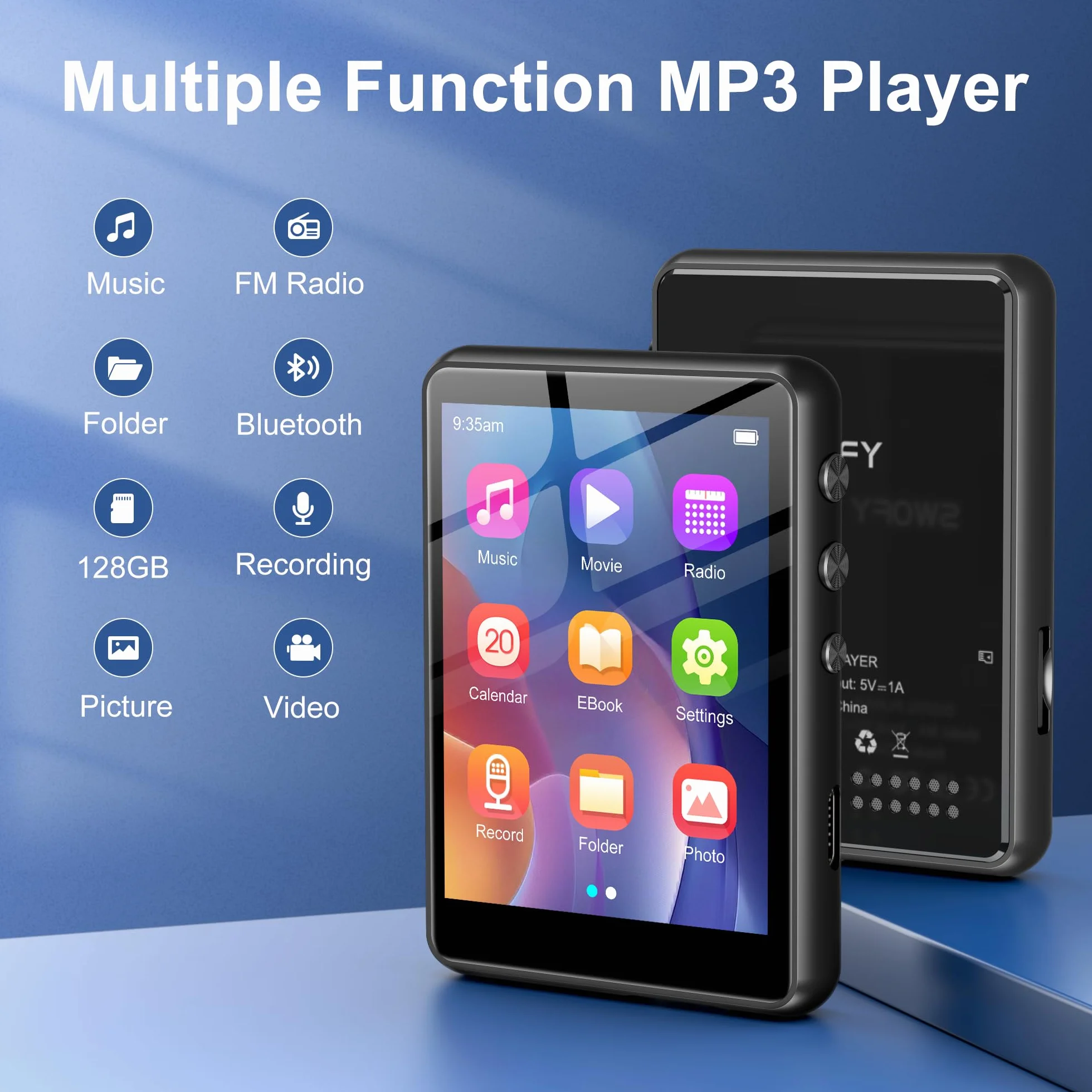 SWOFY 128GB Reproductor MP3 SWOFY Bluetooth 5.3, Batería 300mAh, Pantalla Táctil Mini 2,4 Pulgadas, Soporta Tarjeta TF de hasta 128 GB (Negro)