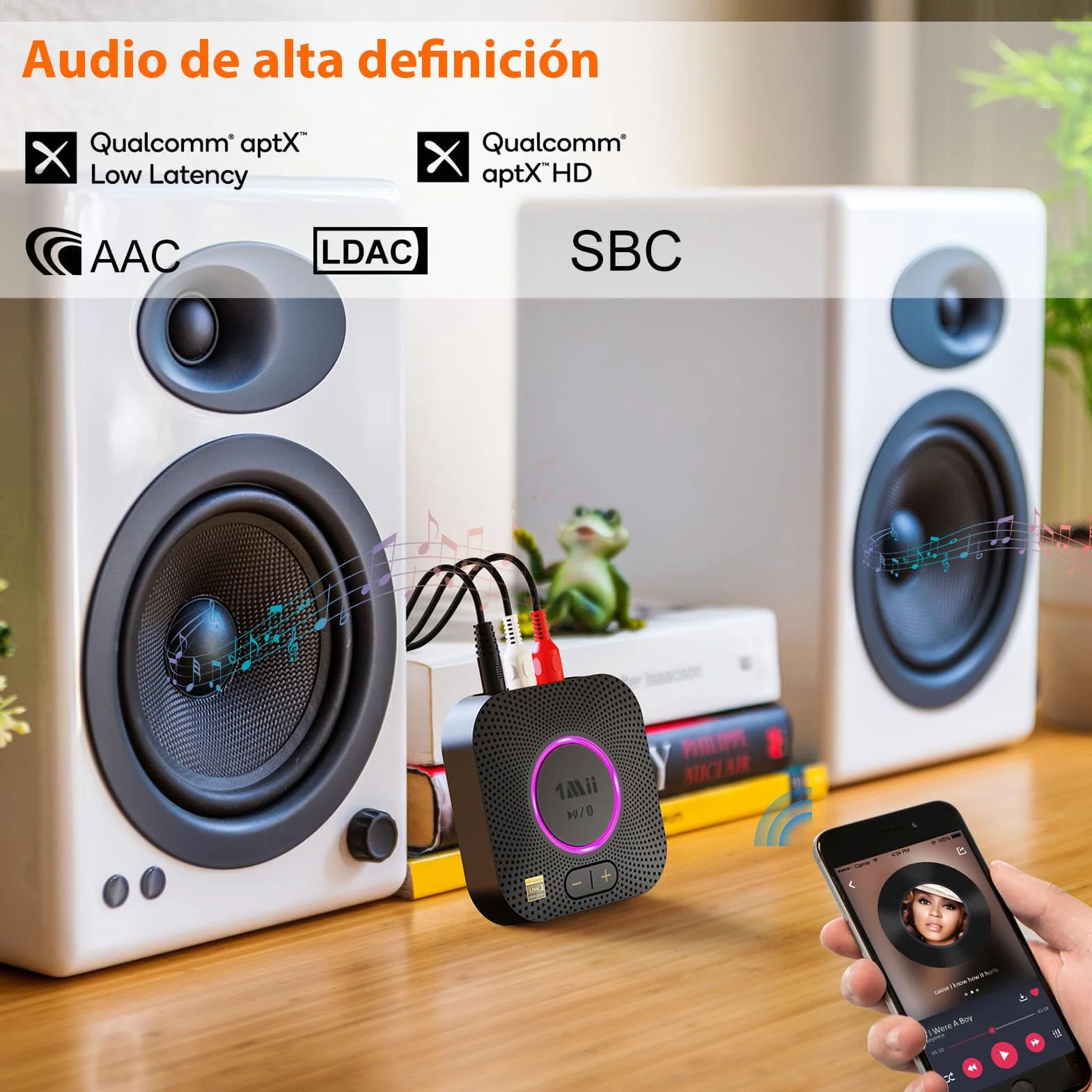 1Mii B06S+ LDAC Receptor Bluetooth 5.3 HiFi, Adaptador Audio Bluetooth con aptX Baja Latencia & HD, Salida RCA/AUX 3.5mm Jack, Control Volumen, 100ft Receptor de Largo Alcance para Estéreo Doméstico
