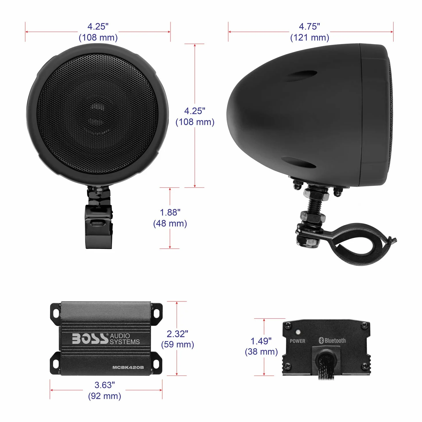 BOSS Audio Systems Sistema de altavoces Bluetooth MCBK420B:amplificador compacto de clase D, altavoces resistentes a la intemperie de 3 pulgadas,ideal para usar con vehículos todo terreno/motocicletas
