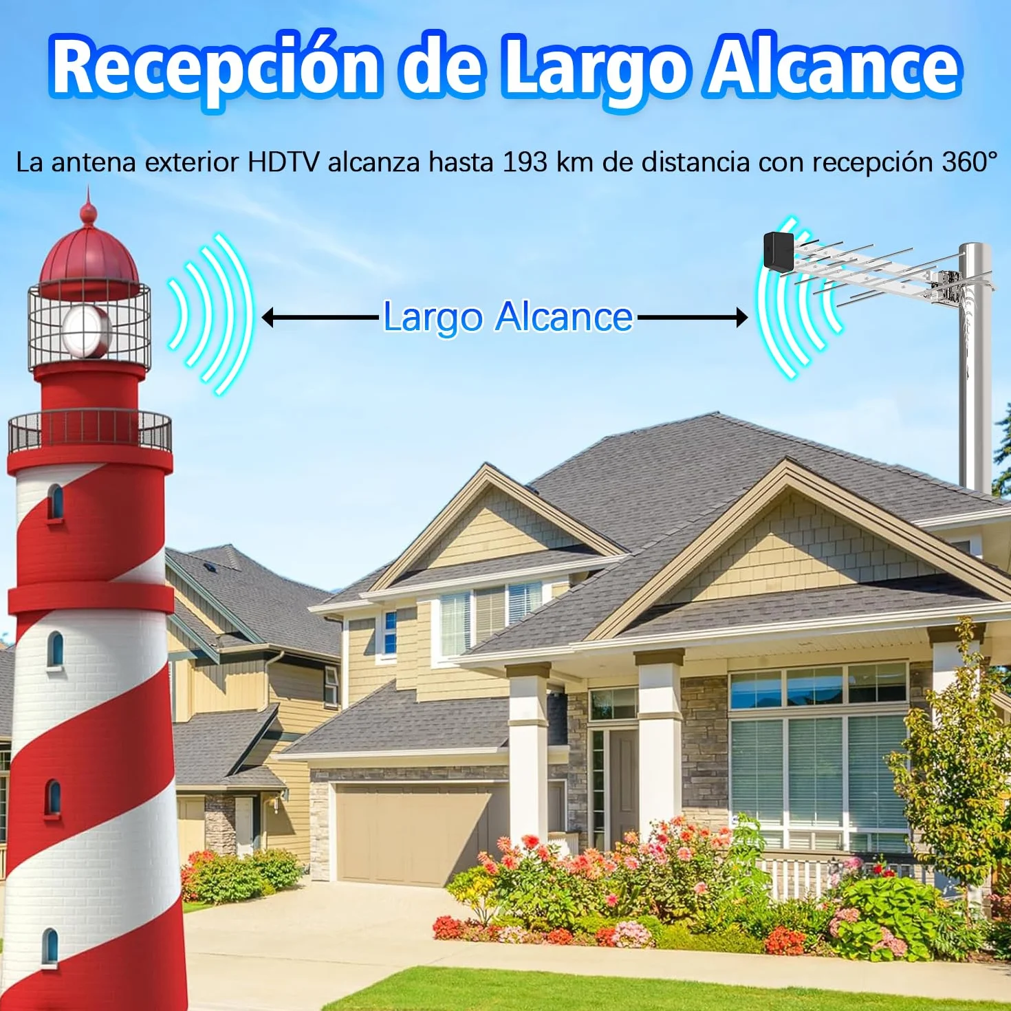 Antena TDT Exterior para Smart TV, Recepción UHF/VHF, DVB-T2/DVB-T, HD 4K/1080P, Resistente al Clima, Cable Coaxial 10m