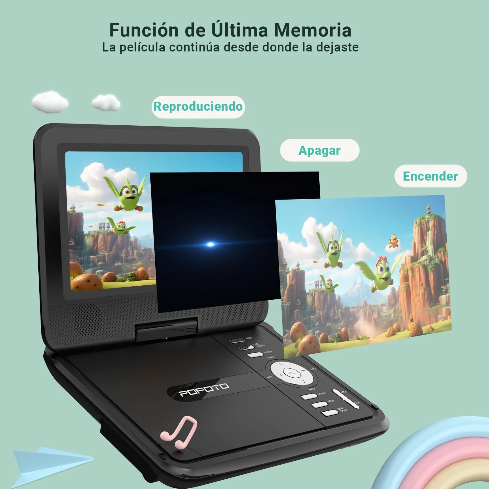 POFOTO Reproductor DVD portátil 9,5'' Pantalla giratoria HD 7,5'' 6h Autonomía Altavoz estéreo Discos/SD/USB Sincronización TV Antigolpes Negro