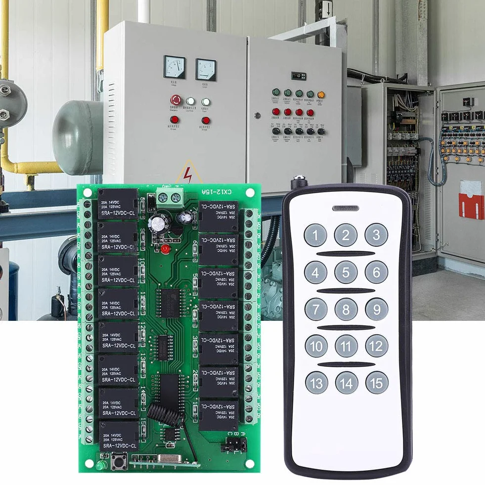Transmisor de Interruptor de Control Remoto inalámbrico DC 12V Relé de 15 Canales con Placa receptora Autobloqueo/Enclavamiento/Jog