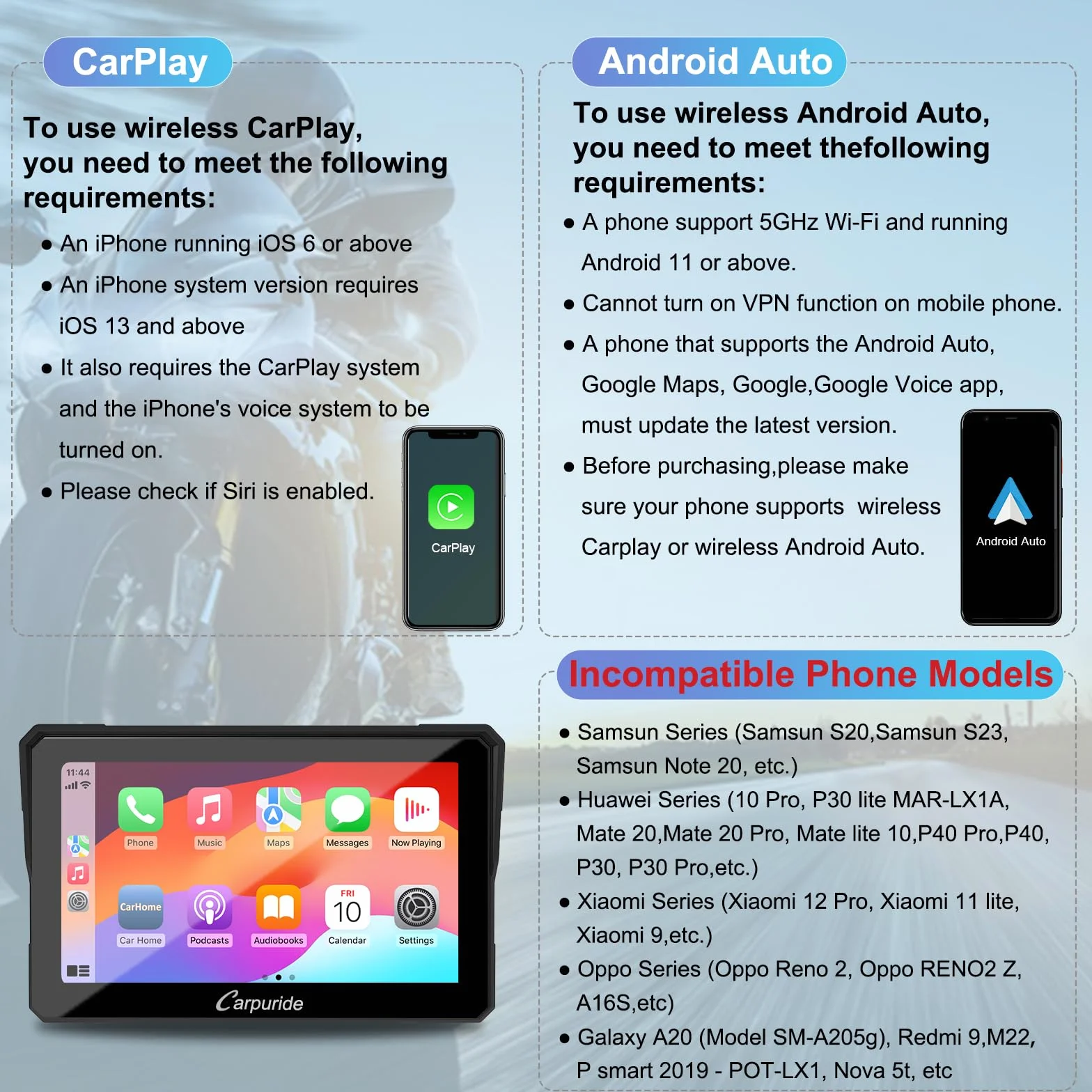 Carpuride W702 Pantalla GPS Carplay 7 Pulgadas Motocicleta CarPlay Inalámbrico Android Auto Pantalla Táctil Impermeable Bluetooth Navegación