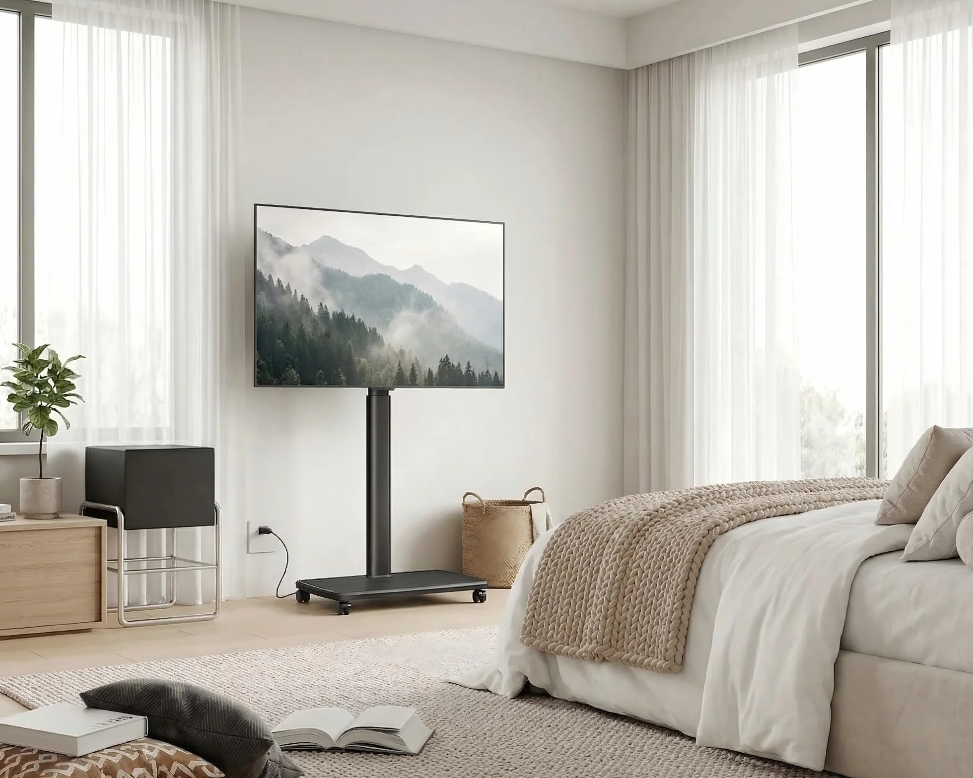 FITUEYES Soporte TV con Ruedas Serie E Base Madera 32-70 Pulgadas MAX VESA 600x400mm Giratorio Ajuste Altura