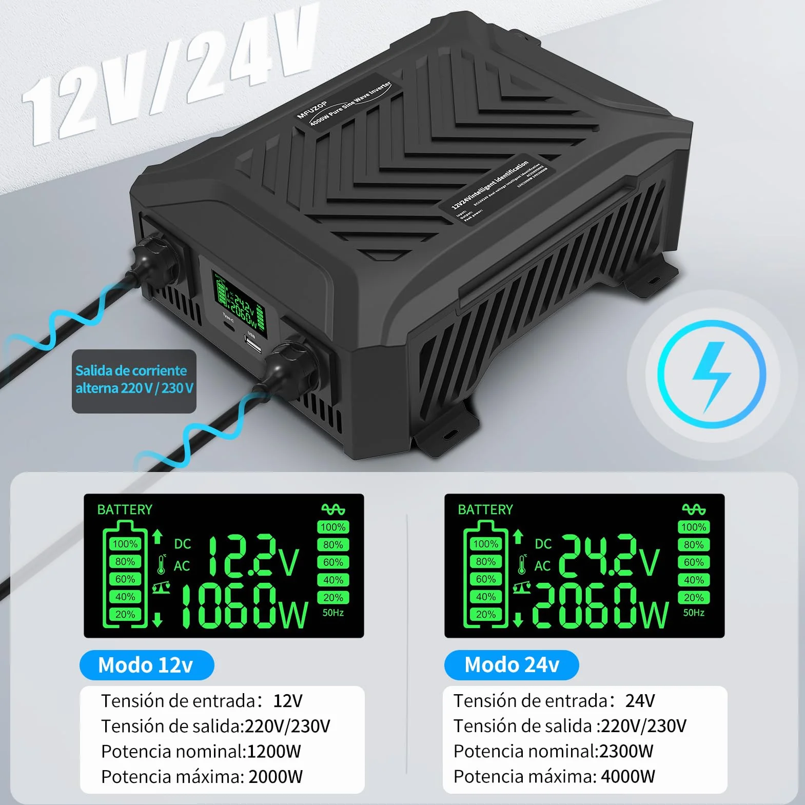 Inversor 24V 220V/230V Onda Pura 2300W, Convertidor 24V 220V 2300W con Pantalla LCD, 2 Tomas AC, 1 USB-A y 1 USB-C, para Autocaravana, Camión, Transformador Fuera de Red