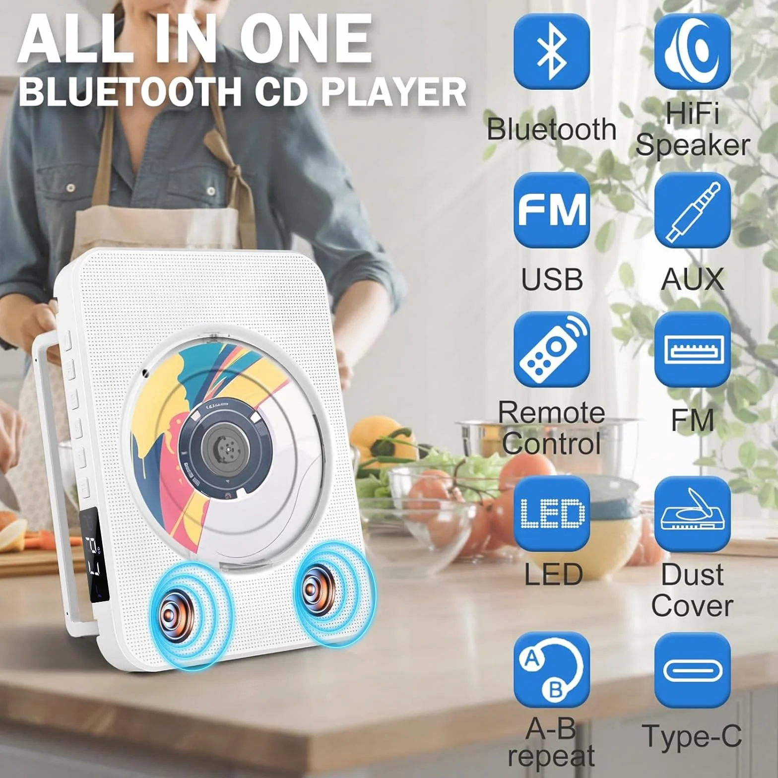 Przenośny odtwarzacz CD Bluetooth z radiem FM, USB, AUX, pilotem