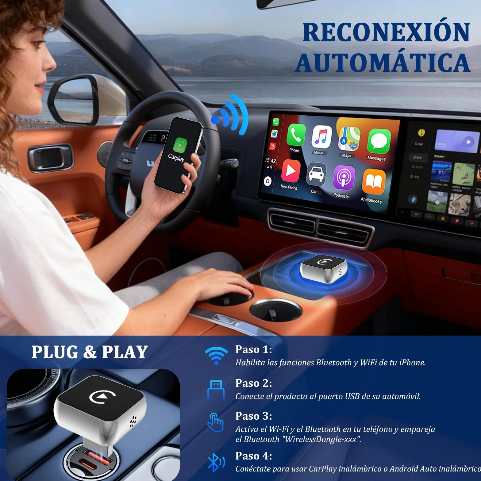 Adaptador Inalámbrico 2 en 1 CarPlay Android Auto USB A/Tipo-C Compatible iPhone 6+ iOS 10+ Android 11+ Plug & Play Acero