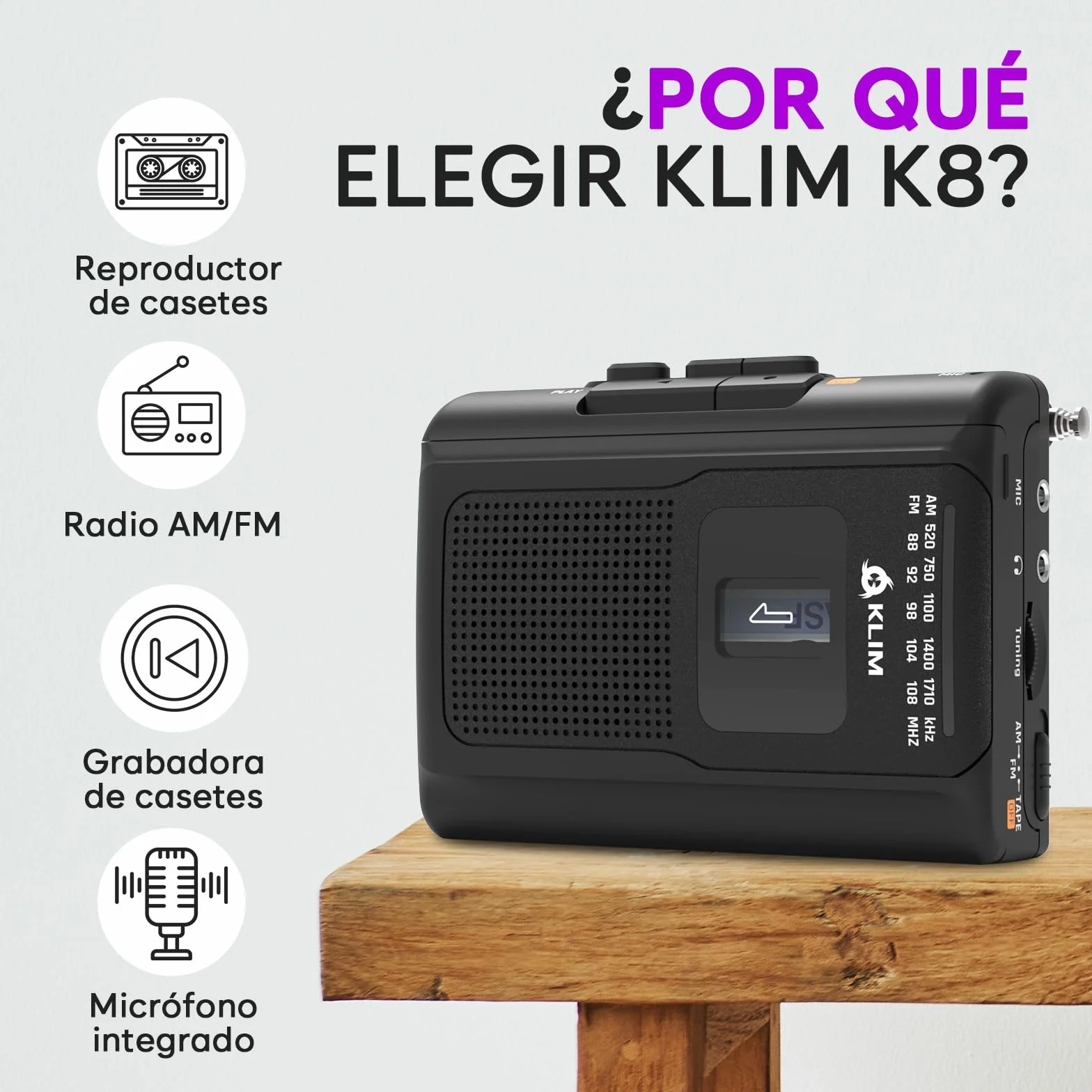 KLIM K8 Reproductor Cassette Auriculares Fusion Radio AM/FM Micrófono Altavoz Integrados