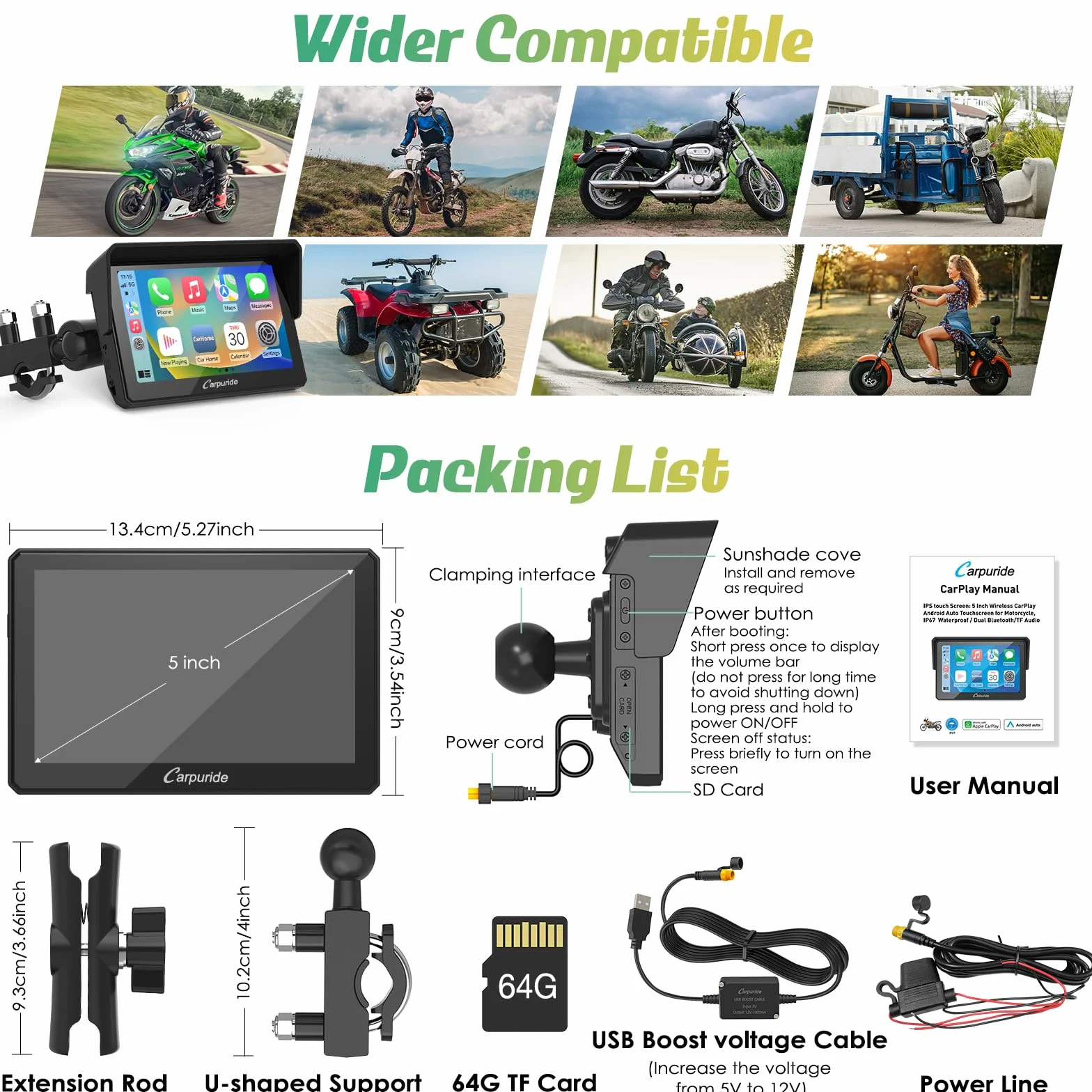 Carpuride W502 Estéreo Portátil Inalámbrico para Motocicleta IP67 Pantalla Táctil 5 Pulgadas GPS