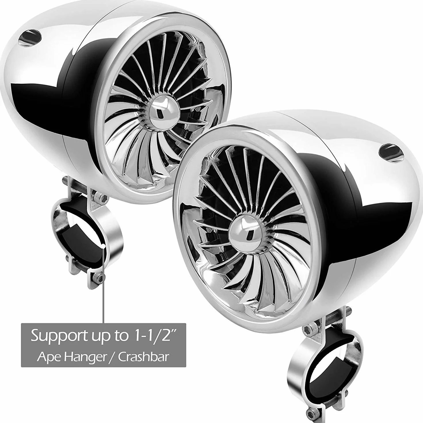 M150 Sistema de Audio con Amplificador de Moto con AUX, MP3, Radio FM, 4 Pulgadas de Altavoces estéreo Bluetooth Impermeables para Motocicletas ATV UTV RZR (Cromo, Ventilador)