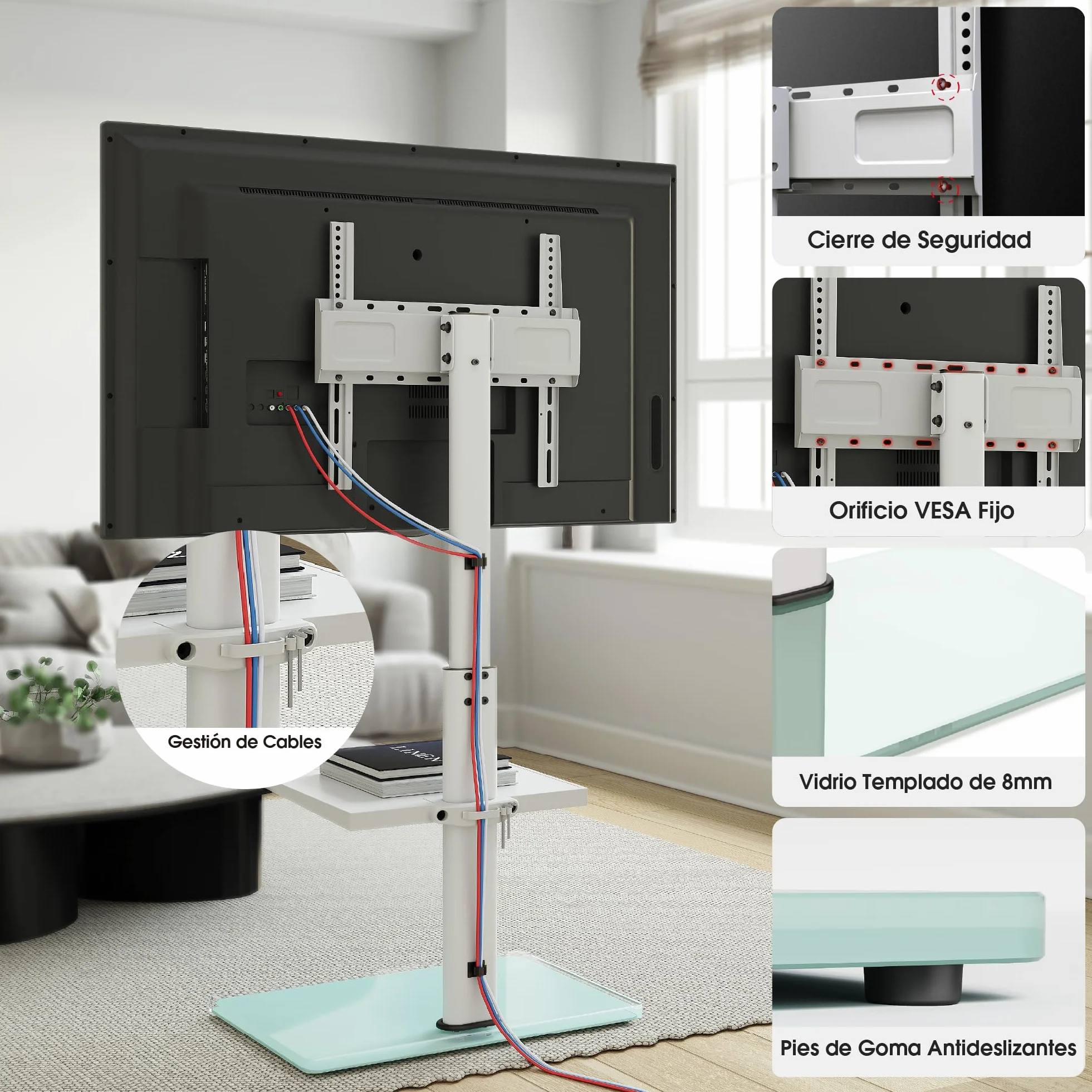 AOKCOS Soporte TV Pie Suelo para 32-70 Pulgadas, Inclinable Giratorio Altura Ajustable, con Laminado máx VESA 400x400mm 40kg Blanco