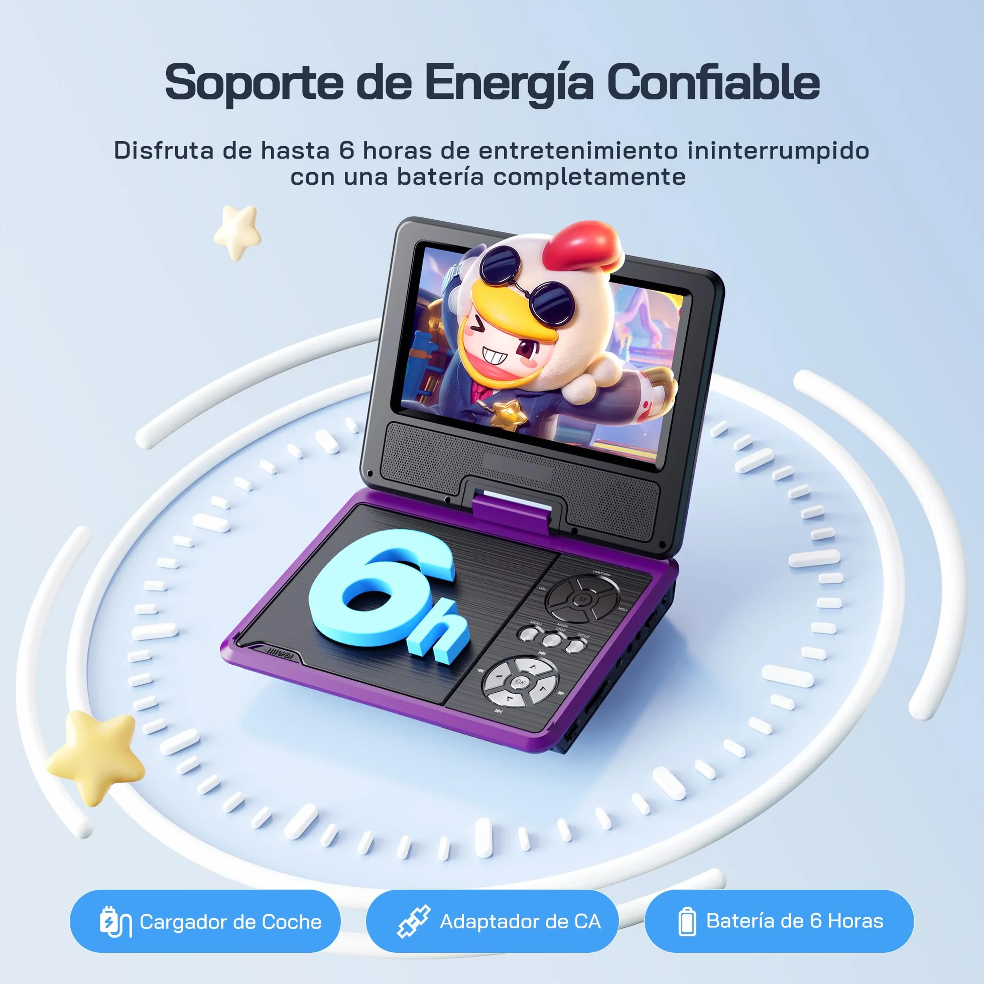 WOLFANG Reproductor DVD Portátil 9,5 Pulgadas Niños Coche Pantalla HD Giratoria 7,5 Pulgadas Altavoces Estéreo 6h Autonomía Púrpura