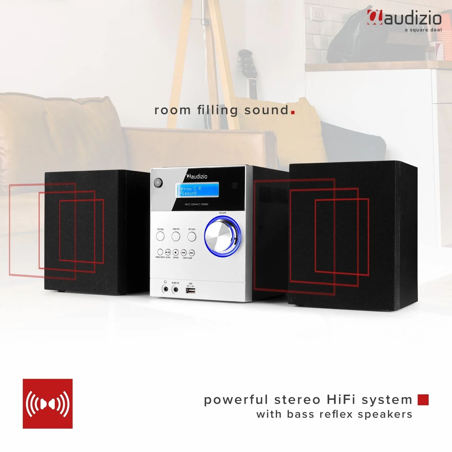 Audizio Metz Equipo de música HiFi con Altavoces, Minicadena con Radio Dab+, Bluetooth, Reproductor de CD, Entrada USB, Entrada Auxiliar, Incluye Mando a Distancia, Mini Cadena Color Aluminio