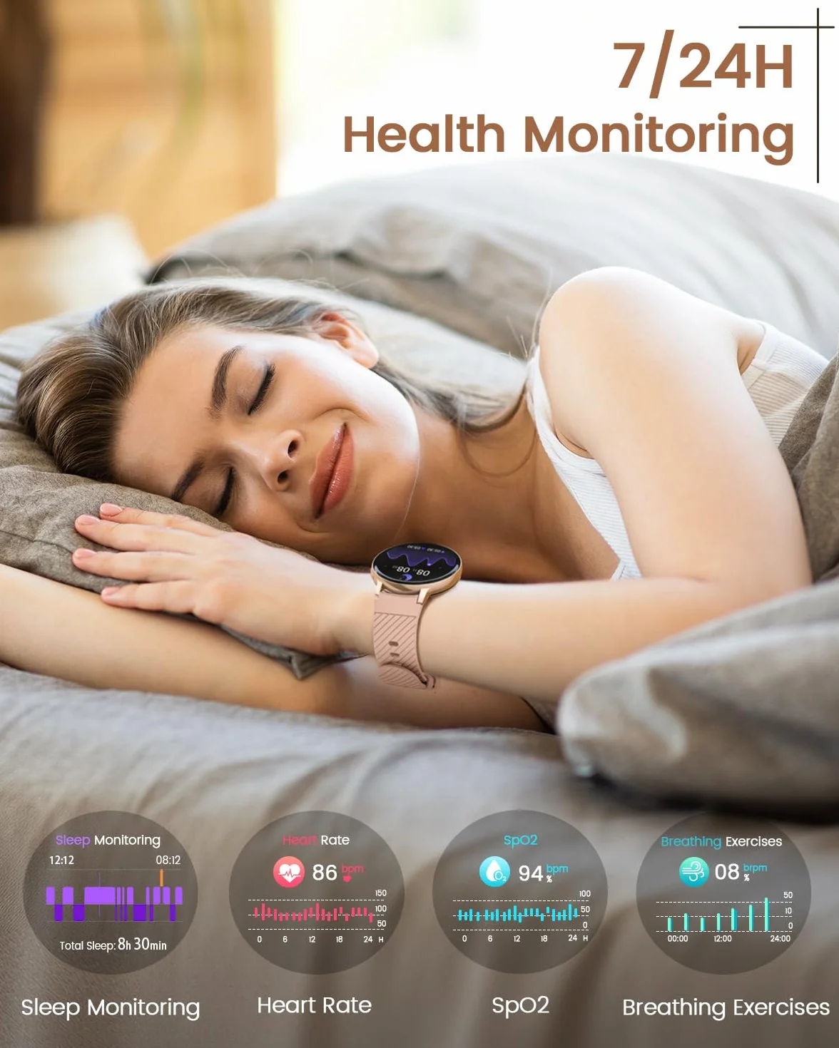 Reloj Inteligente Mujer, 1.39" HD Smartwatch Mujer con Llamadas/24H Sueño/Pulsómetro/SpO2, Función Femenina 120+ Modos Deportivos IP68 Pulsera Actividad Calorías Podómetro Android iOS Oro Rosa, Regalo